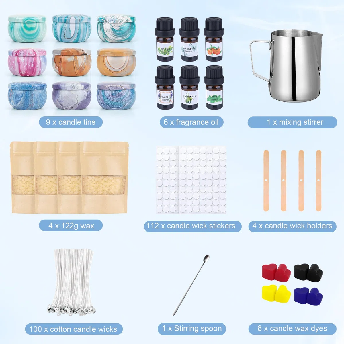 Kit de Fabricación para Velas,Kit para Hacer Velas,Kit Hacer Velas con 480g de Cera de Abeja,9 Frascos para Velas,6 Aceites Esenciales,8 Bloques de Color,Derretidor de Cera para Velas