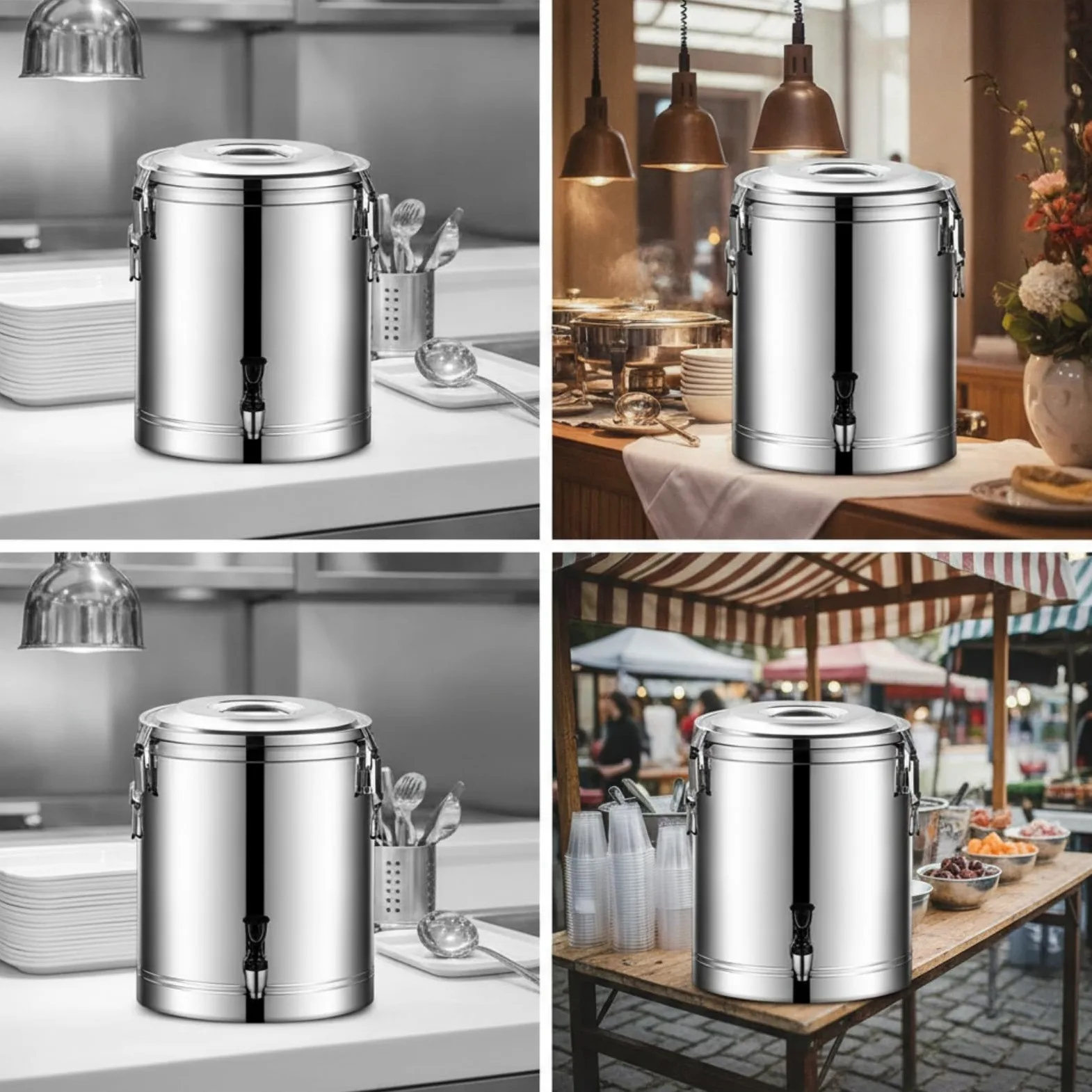 Cubo Térmico con Tapa Comercial Contenedor Isotérmico Acero Inoxidable Reutilizable Termo Industrial para Restaurantes, Bufés, 50L, Con Grifo