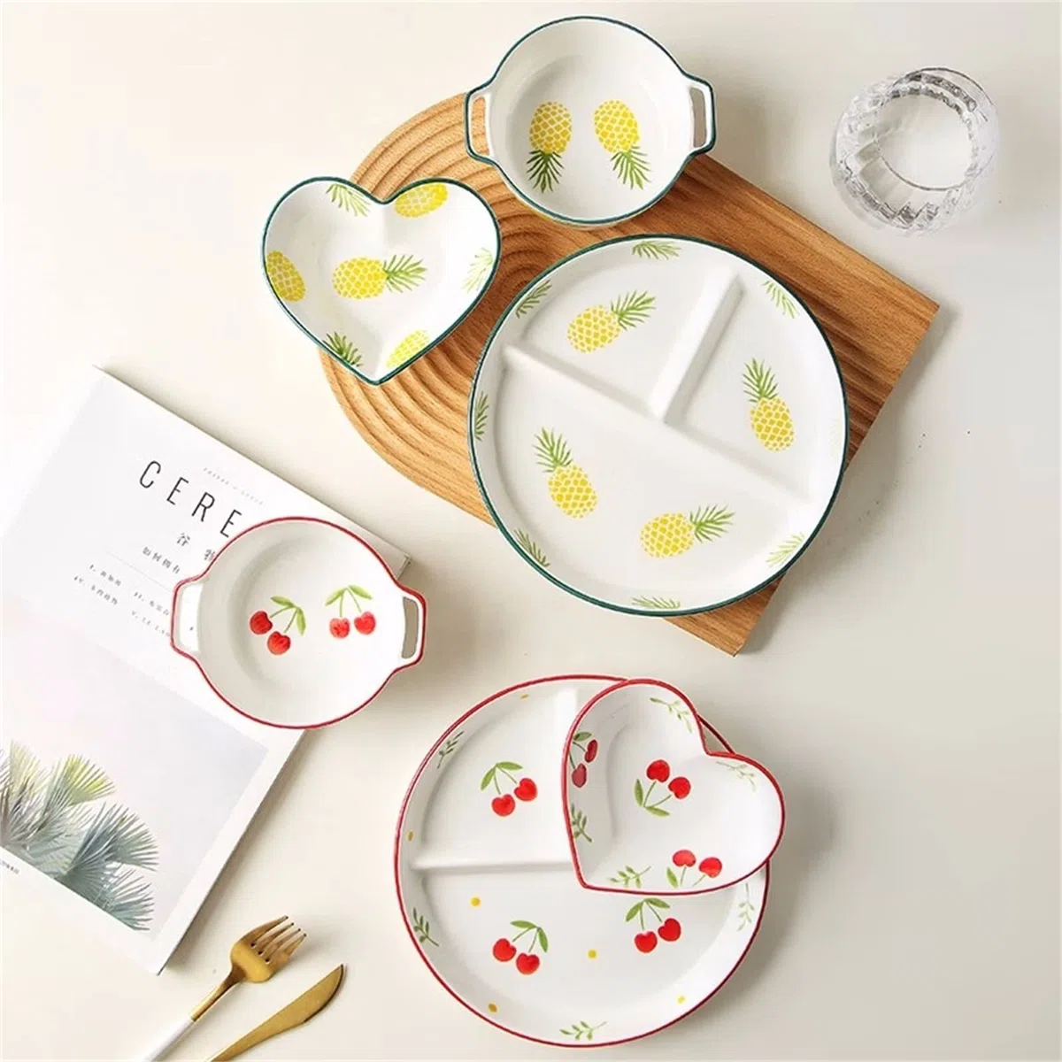 Juego de 3 cubiertos bariátricos para control de porciones, plato dividido y cuencos de sopa para control de peso, elegante color blanco con patrón de frutas, perfecto para una alimentación saludable