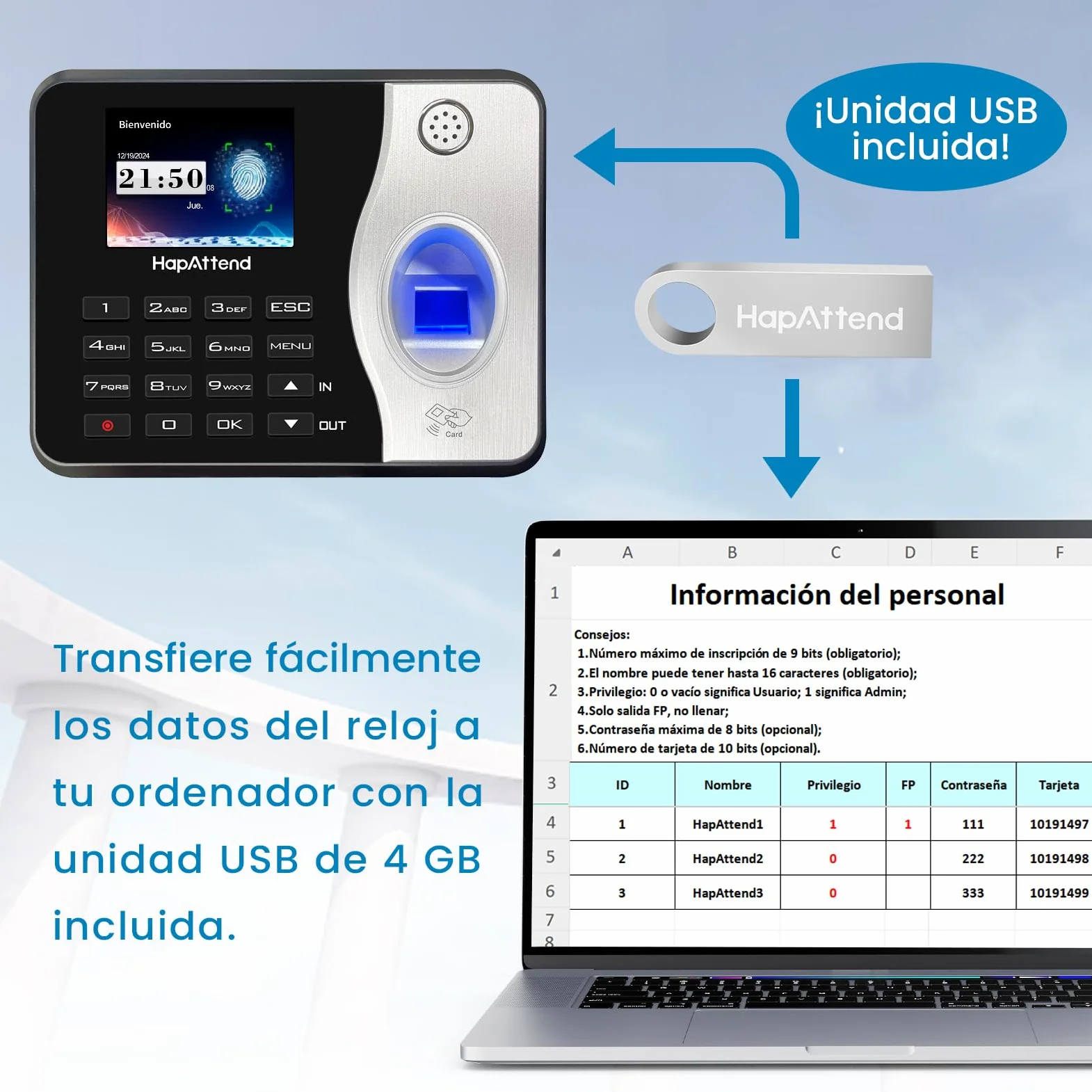 Control horario empleados, Español Reloj de fichar con Huella Dactilar, RFID Tarjetas, Maquina de fichar empleados de hasta 1000 usuarios sin conexión Internet Negro Escáner H3