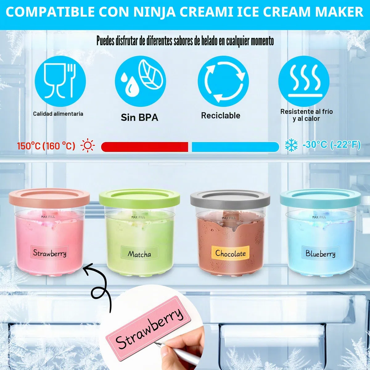 4 Recipientes de Helado para Ninja Creami, Para Ninja Creami Ice Cream Maker NC301 NC300 NC299AMZ NC305A NC301CO Series, Con tapa y cuchara, 453ml, Sin BPA, Apto para lavavajillas