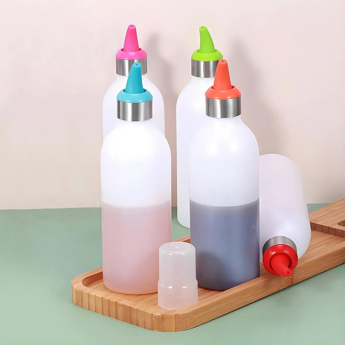 Botellas de Plástico Paquete de 4 Botellas Transparentes Dispensadores Rellenables para Ketchup Mostaza Vinagre Salsas Aceite Sin BPA KT30