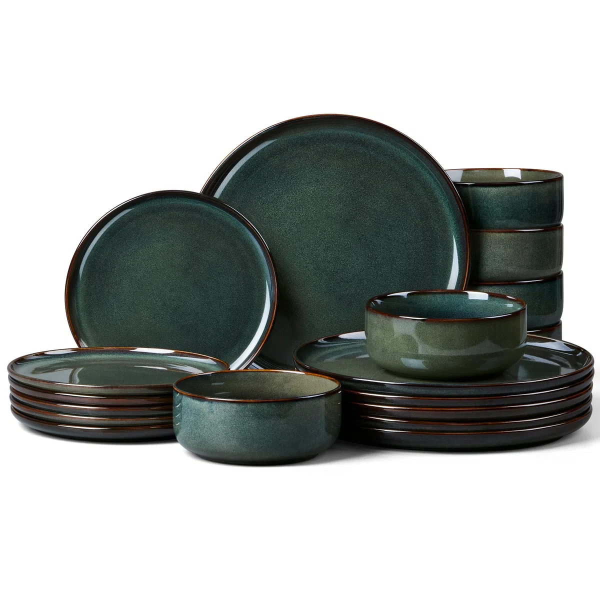 Homikit Juego de vajilla para 6 personas, 18 piezas, de gres, esmalte reactivo, con plato llano, plato de postre, cuencos de cereales, microondas y lavavajillas, color verde