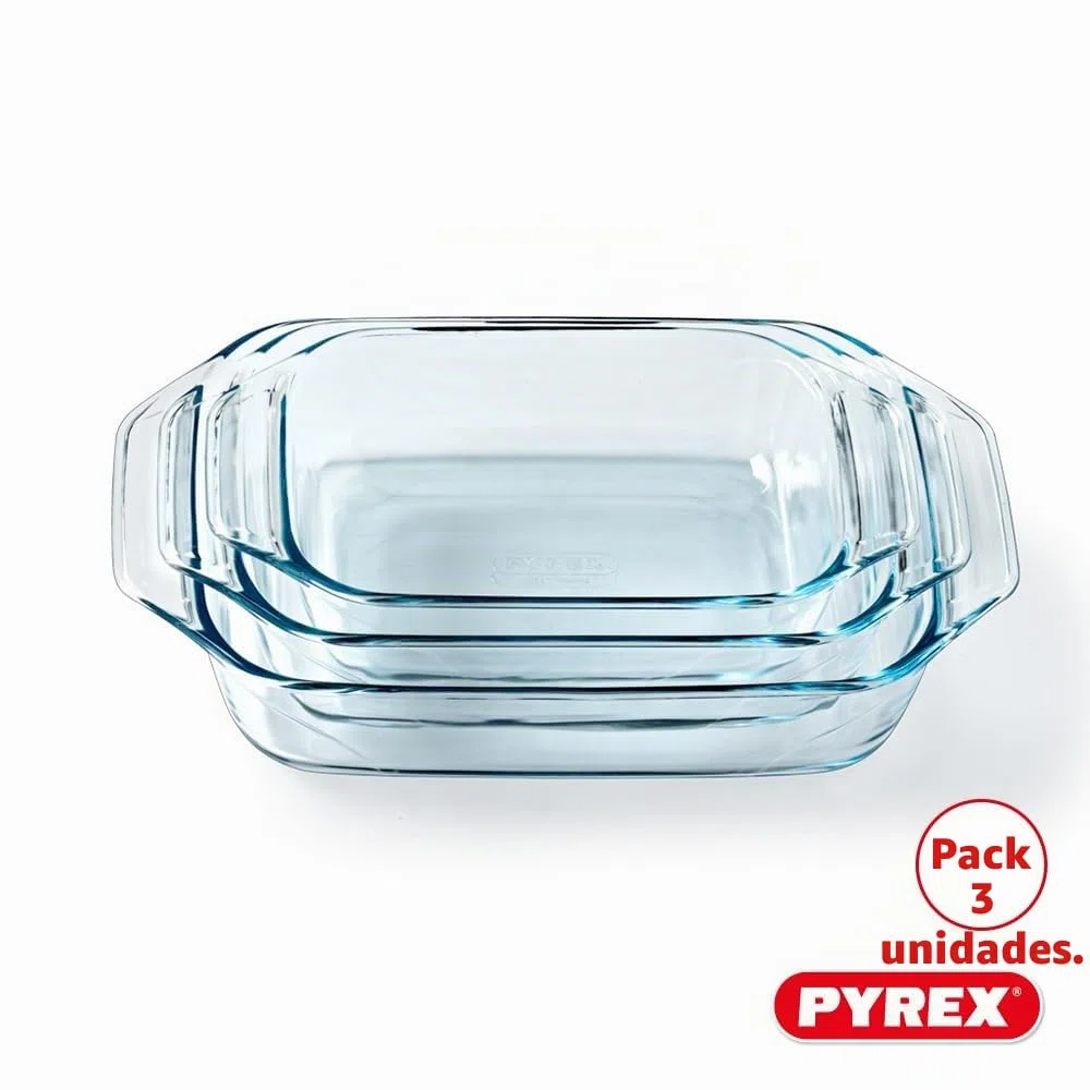 Pyrex - Juego de 3 platos de horno rectangular para 2 a 6 personas, 3 tamaños, vidrio borosilicato, asas anchas, resistencia extrema, compatible con lavavajillas