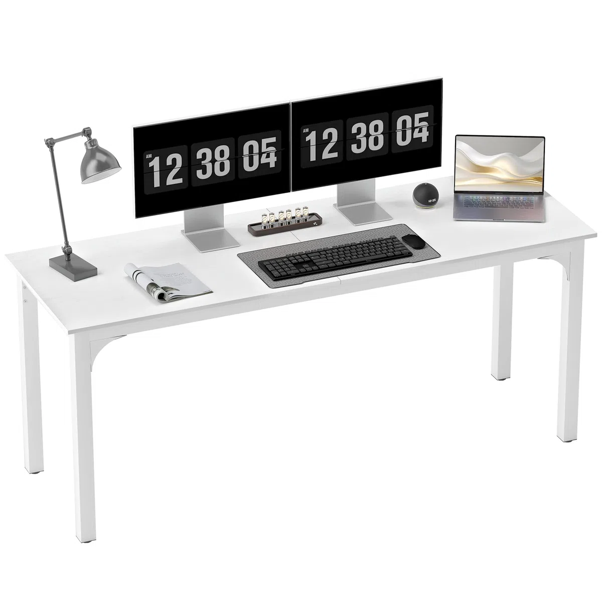 HOMCOM Escritorio de ordenador 180 cm con bandeja ancha para 2 personas, marco de acero, mesa de ordenador para trabajo en casa o estudio, blanco