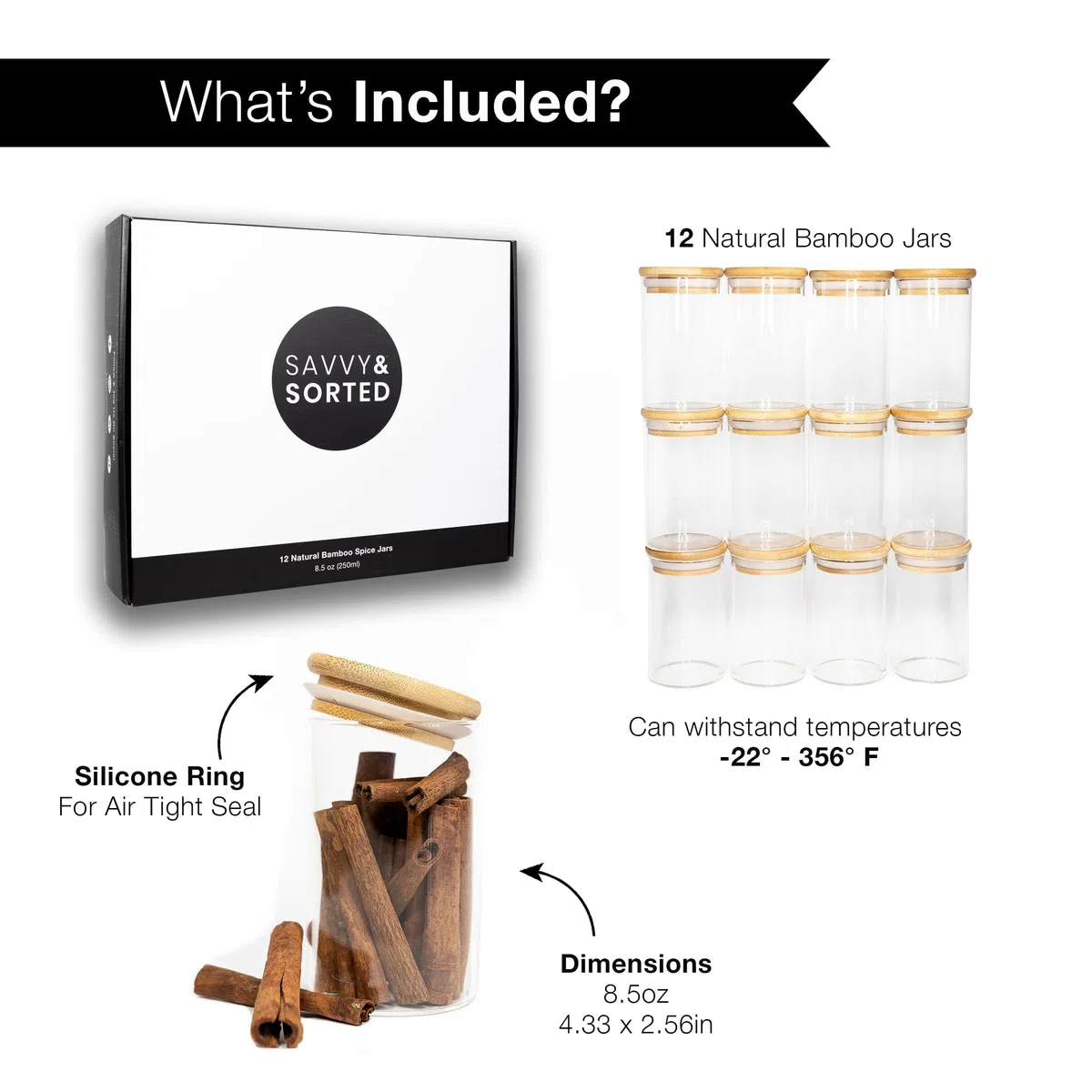 SAVVY & SORTED 12 tarros de especias de bambú natural, tarros de vidrio grandes de 8.5 onzas con tapas de bambú, tarro de condimentos con tapas herméticas, contenedores de especias para hierbas