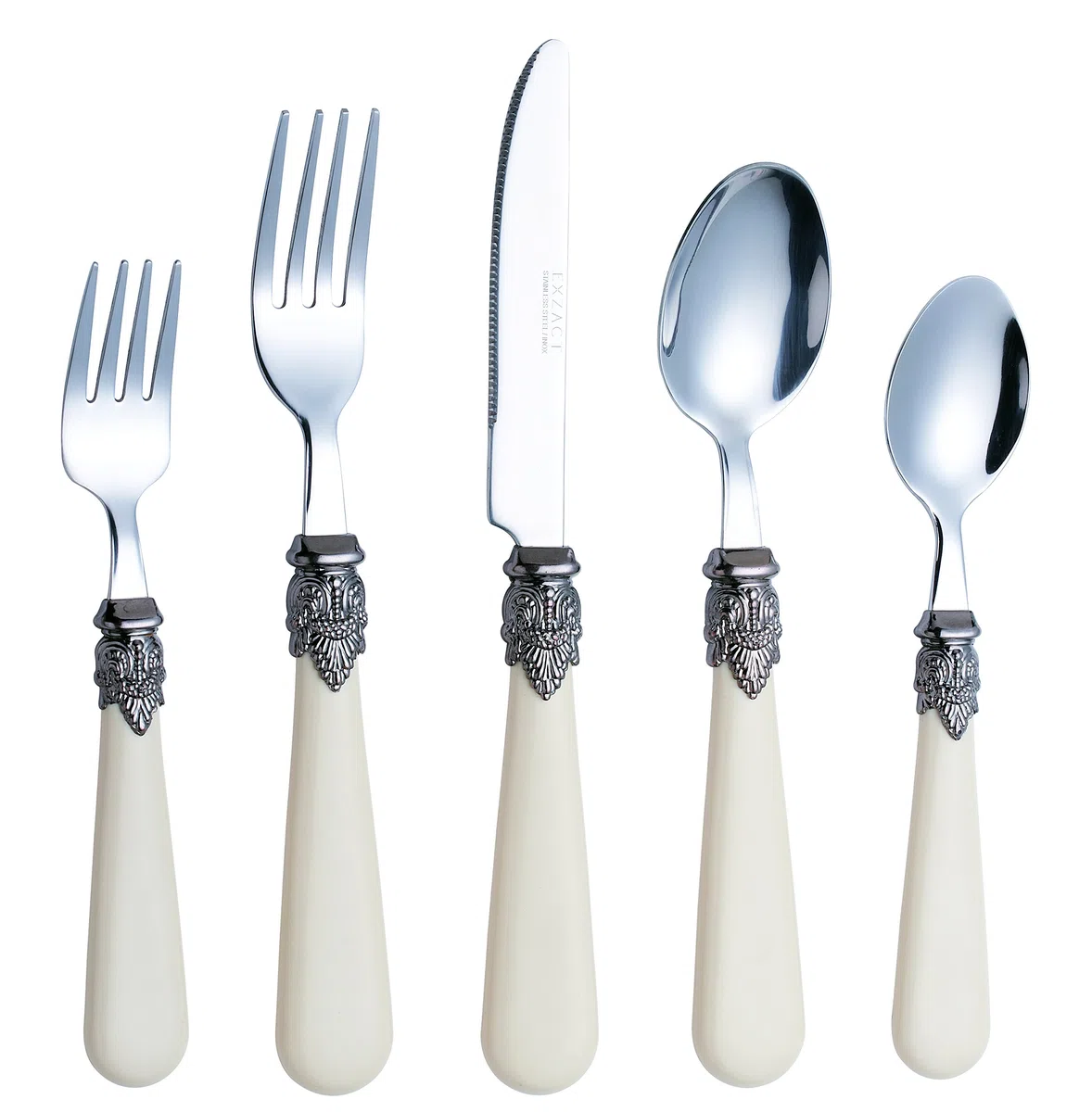 EXZACT Cubertería de 20 Piezas en Acero Inoxidable/Cubiertos con Asas de Color con mango detallado, tradicional, elegante, estilo vintage/antiguo (WF28-20CRM Crema x 20) | Asas vintage con acabado pulido de espejo para comidas familiares, cenas, bodas, in
