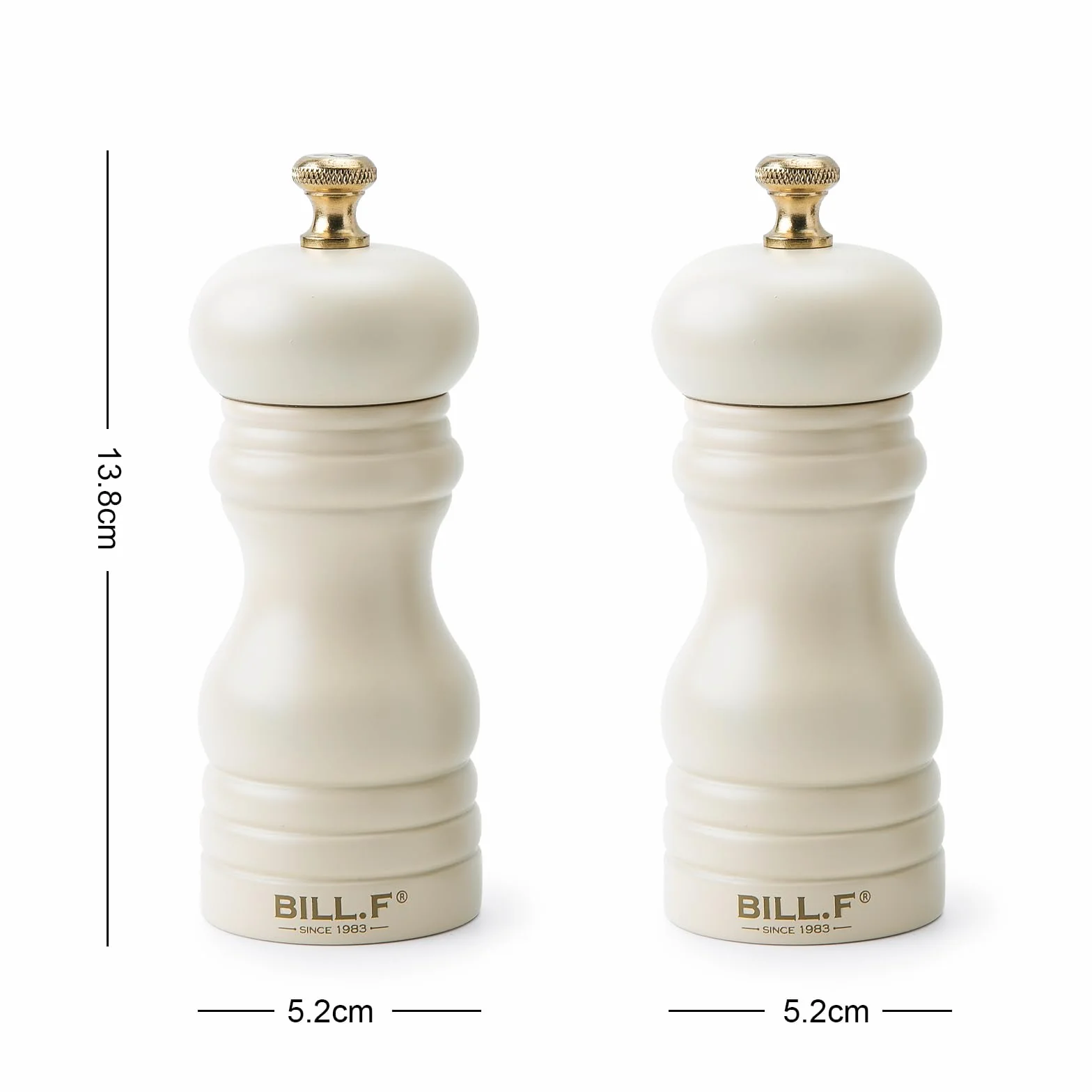 Bill.F - Juego de molinillos de sal y pimienta de madera, juego de 2 molinillos de sal y pimienta manuales, recargables de 5 pulgadas con rotor de molienda de cerámica ajustable (juego de 2 crema)