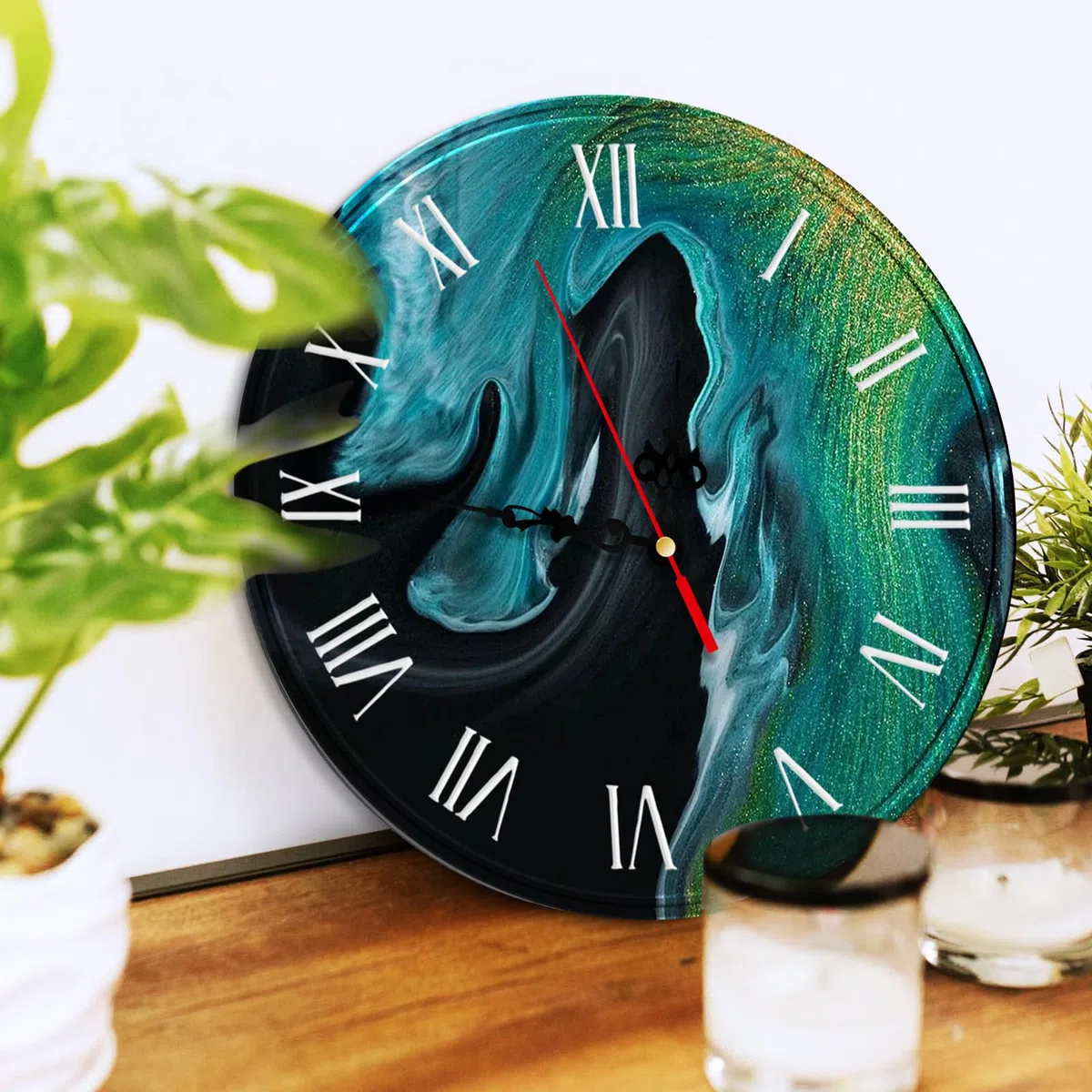 VILLCASE Molde de silicona para reloj de resina epoxi, forma redonda de resina epoxi, juego de moldes con mecanismo y molde de silicona árabe romana para pared DIY