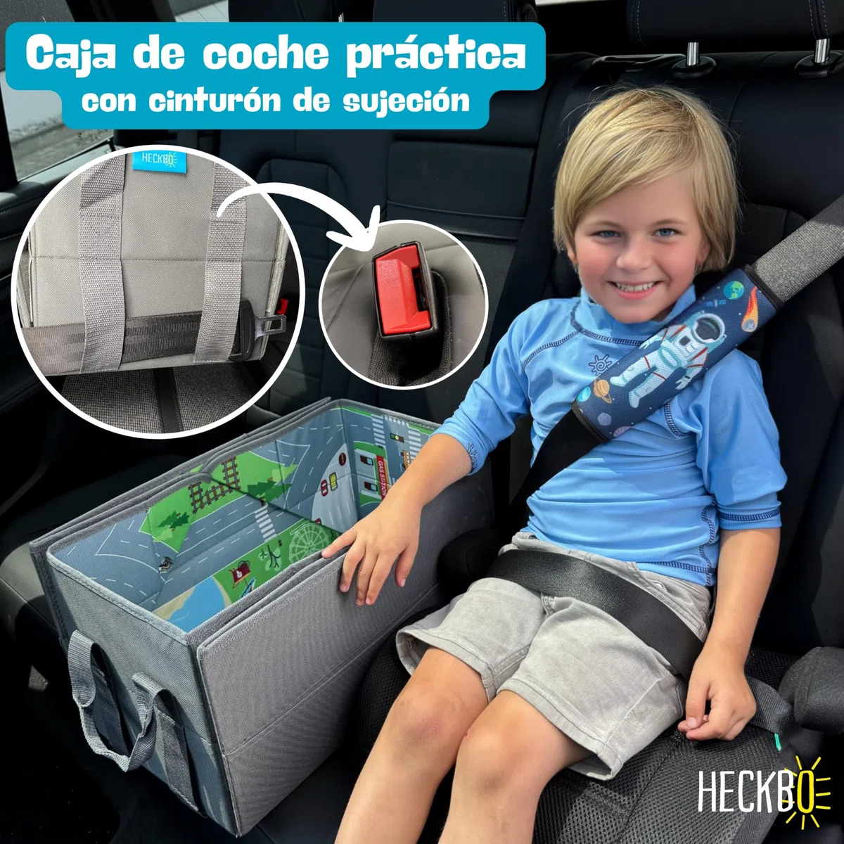 HECKBO Organizador de coche y alfombrilla de juegos 4 en 1 - Caja para guardar juguetes infantiles - Alfombrilla de juegos plegable con motivos callejeros - Fijación segura en el coche, 91cm x 72cm