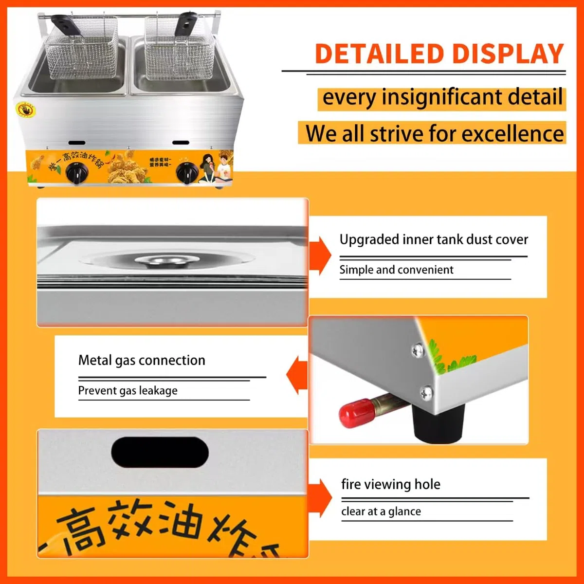 Freidora de gas comercial, cocina de acero inoxidable de alta capacidad para restaurantes, supermercados y soportes de comida rápida, equipo de cocina profesional