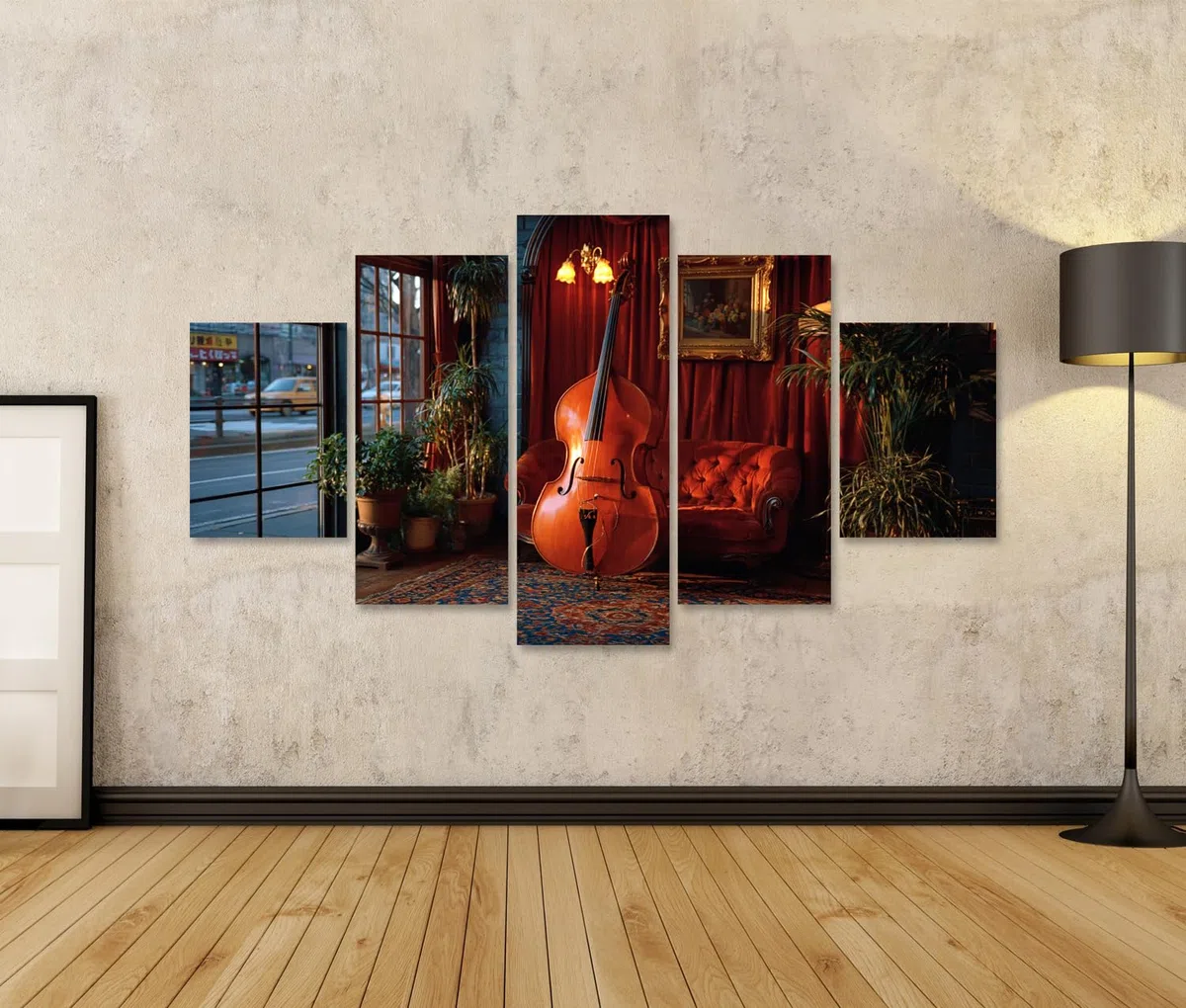 islandburner Cuadro sobre lienzo elegante de contrabajo impresión de salón para amantes de la música – 5 piezas