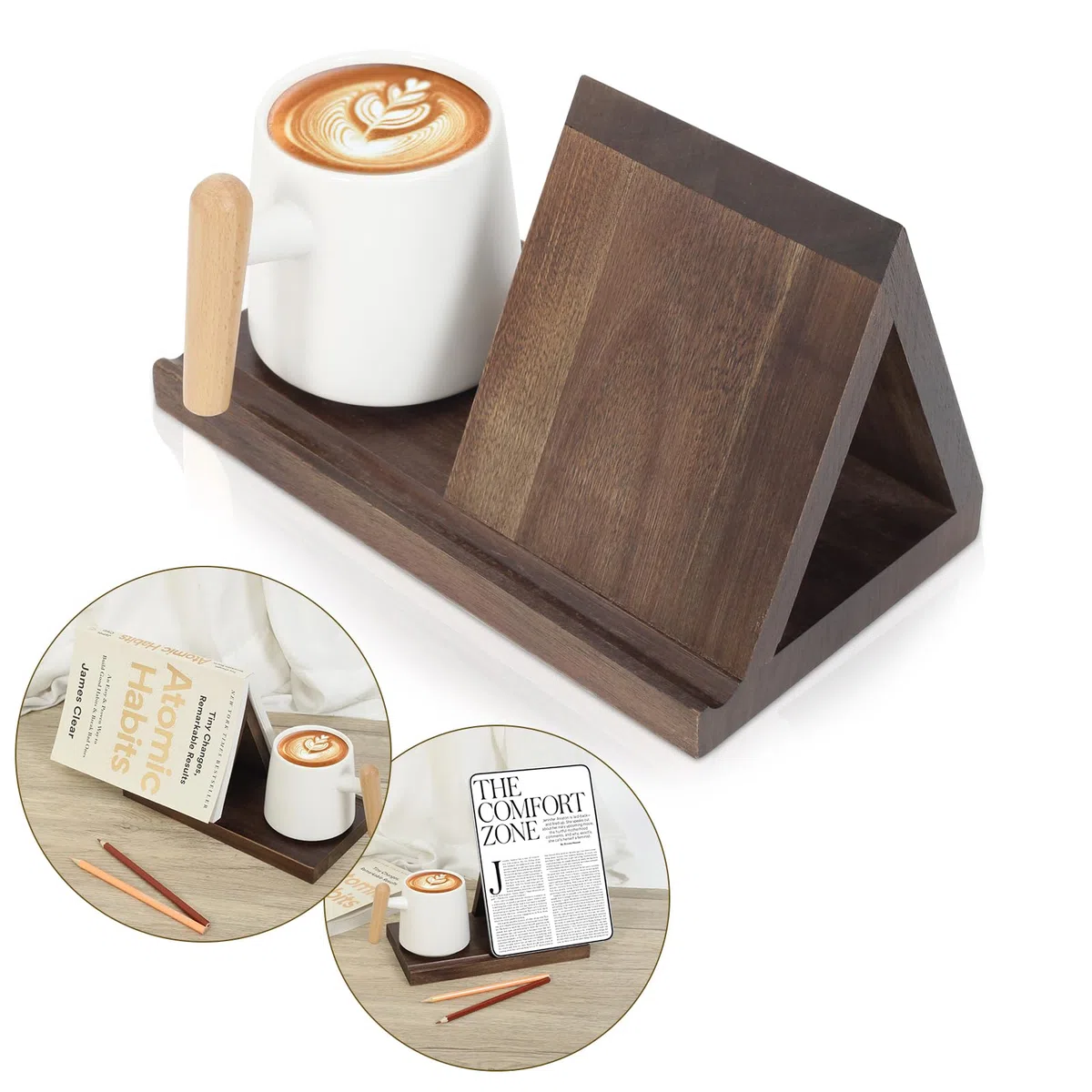 Soporte de libros triangular de madera con soporte para bebidas, soporte de libros de madera con ranuras, contador triangular con bandeja de café, regalos para amantes de los libros,
