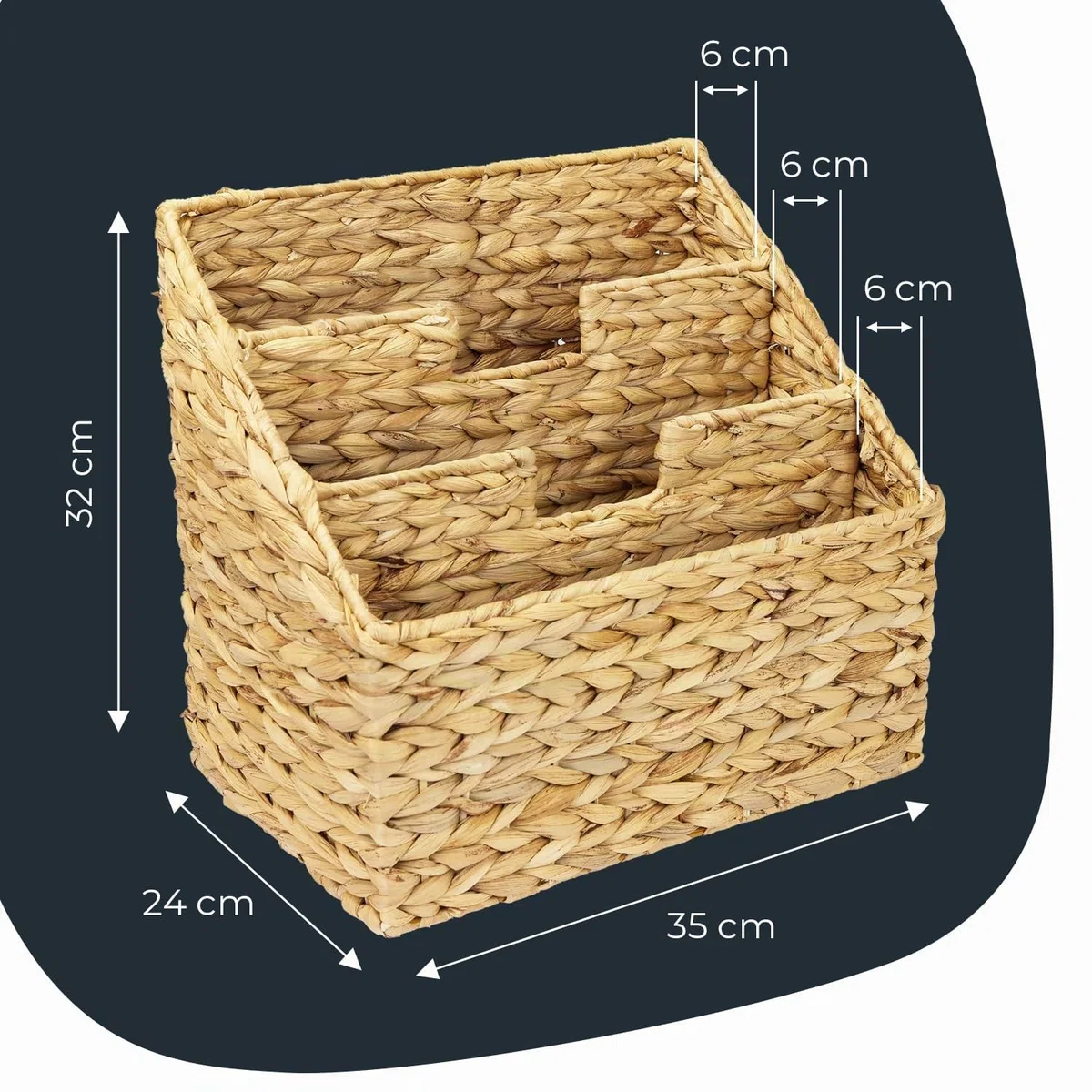 HMF Revistero de jacinto de agua trenzado, 3 compartimentos, 35 x 24 x 32 cm