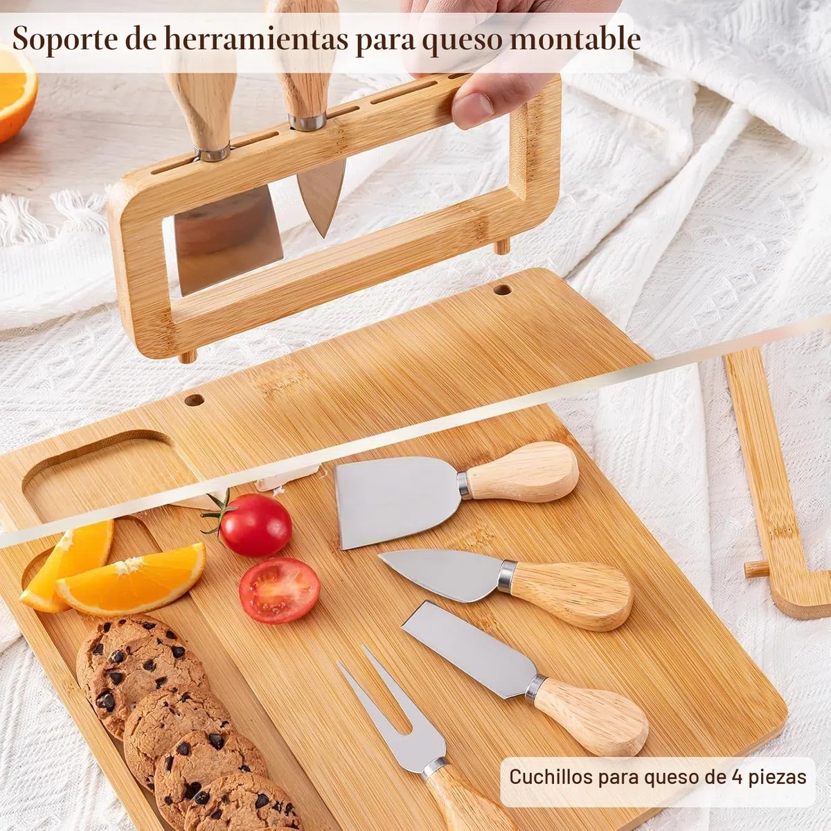 LATERN Juego de Tablas de Queso de Bambú, 35CM x 27CM Bandeja de Madera para Embutidos Tabla de Quesos con 4 Cuchillos para Queso, Set de Regalo Ideal para Navidad Bodas Acción de Gracias Fiesta