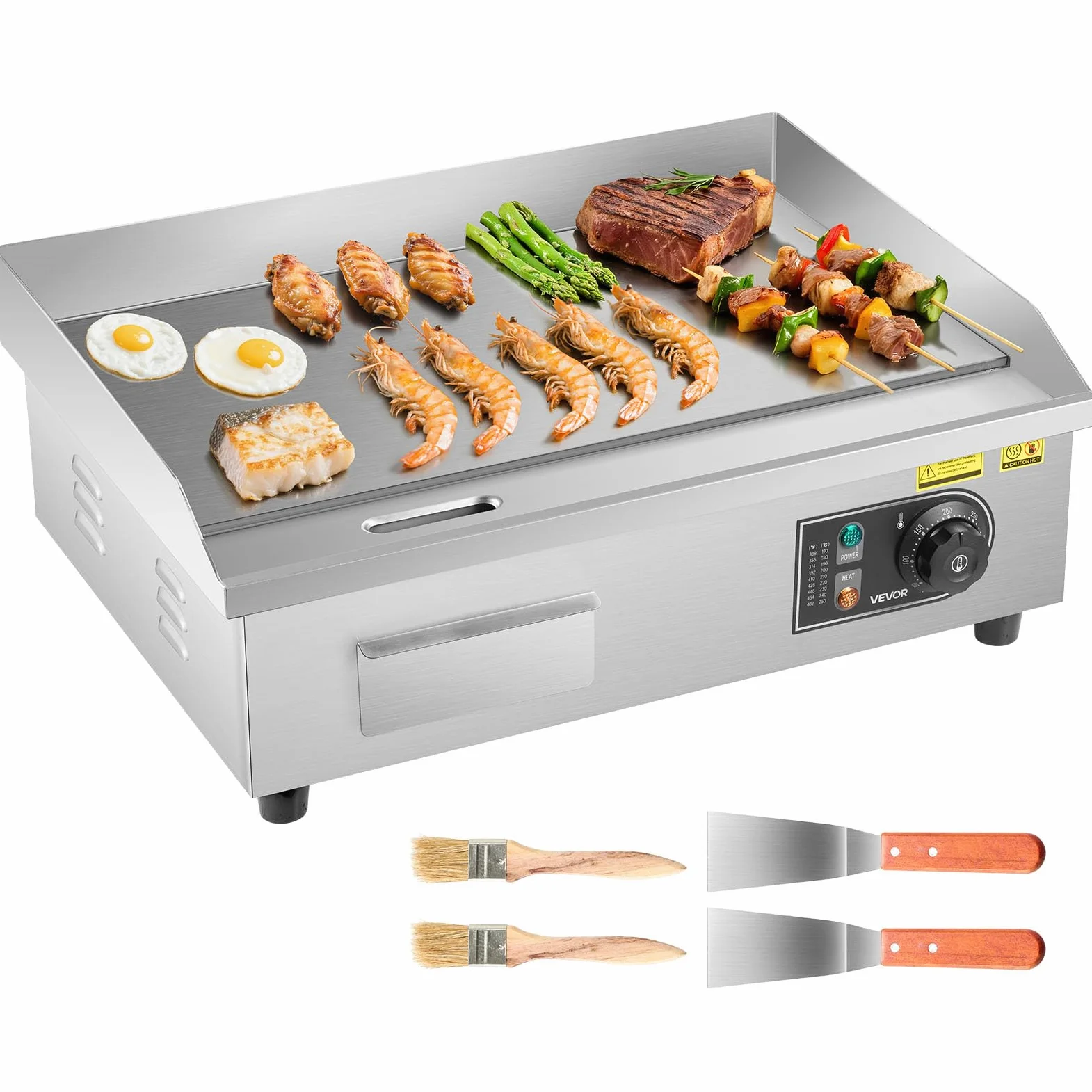 VEVOR Plancha Eléctrica 3200 W 535 x 300 mm, Control de Temperatura 50 a 300 °C, Parrilla de Encimera de Acero Inoxidable con Superficie Plana, 4 Almohadillas para los Pies, para Carne y Panqueques