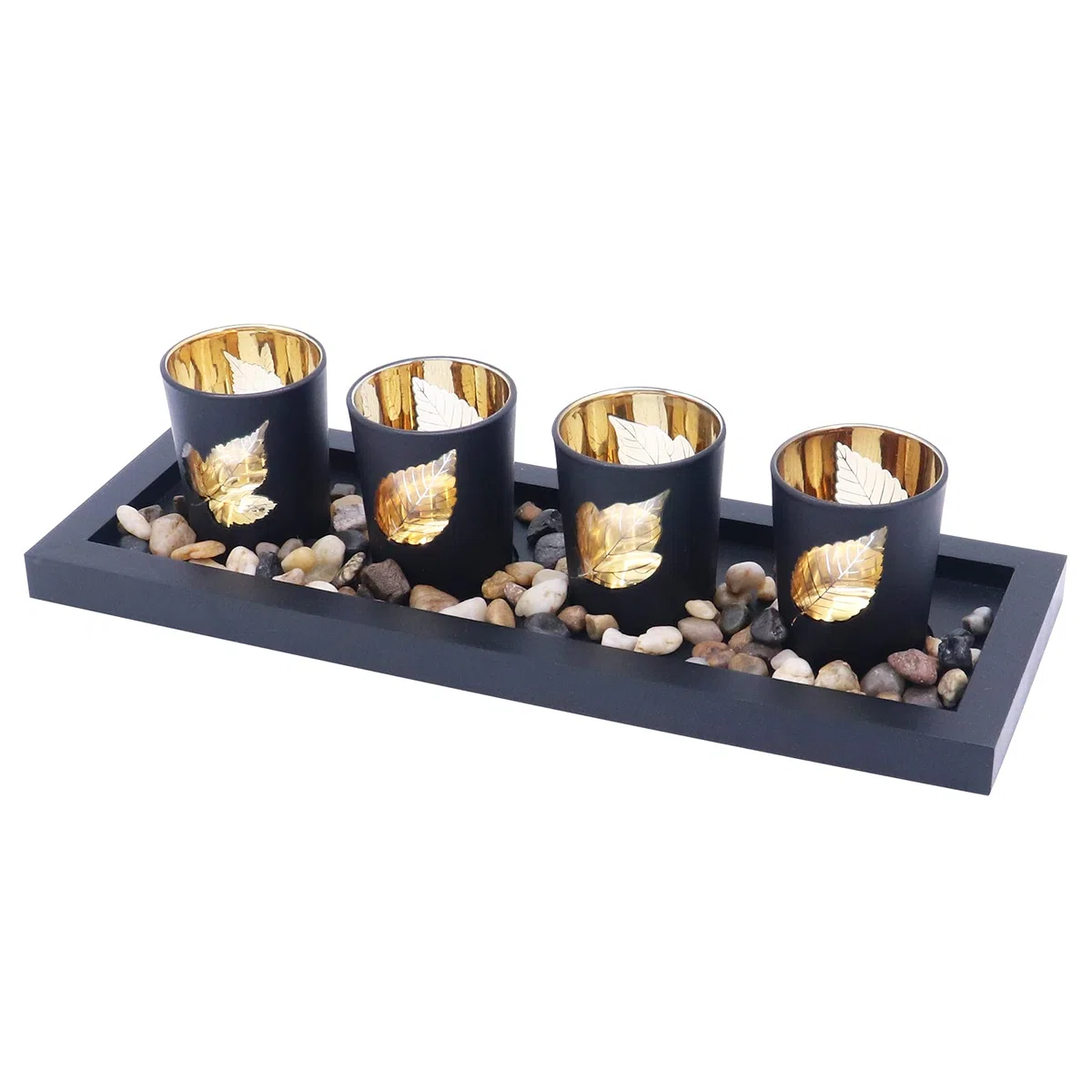 Juego de 4 portavelas de cristal, piedras naturales y bandeja de madera para decoración de mesa (hojas)