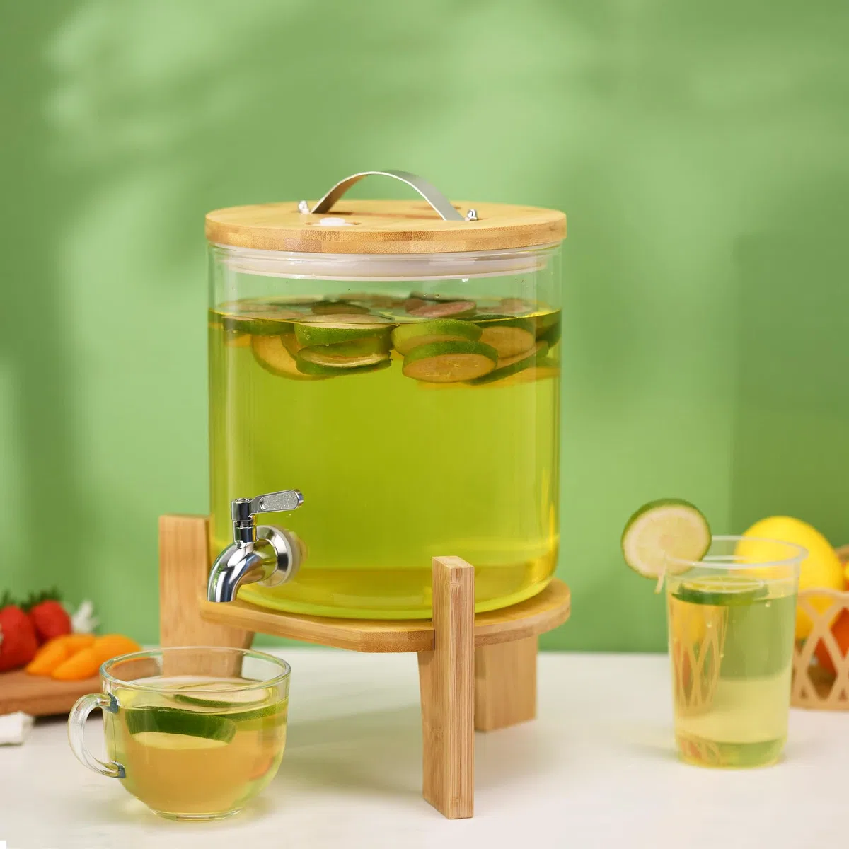 Dispensador de bebidas de vidrio de 5 litros, dispensador de bebidas de vidrio de borosilicato resistente a altas temperaturas, con tapa de boca ancha, tarro de bebidas calientes con soporte