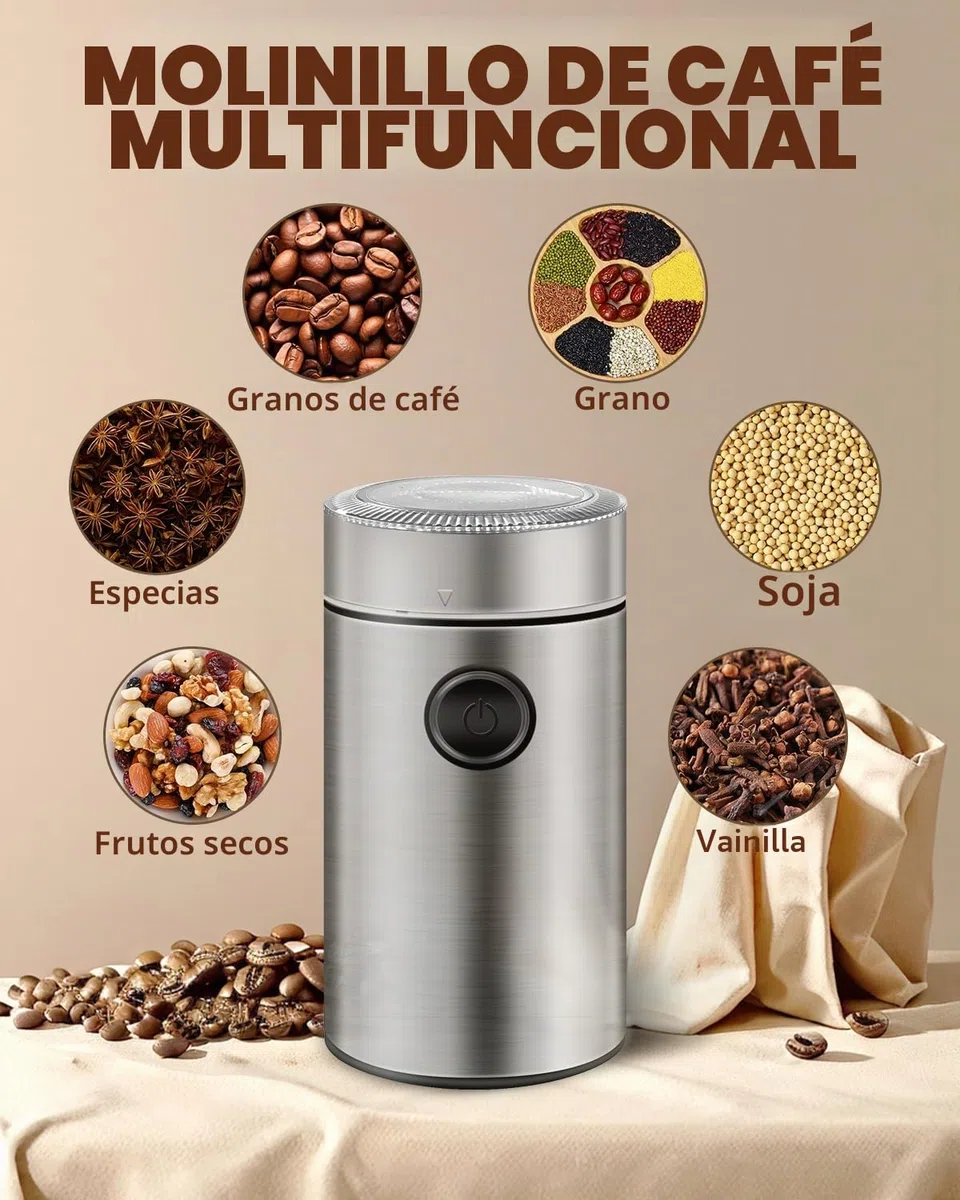 Molino de Café Eléctrico de Acero Inoxidable, 150W 22000 RPM Alta Velocidad, Capacidad 50g, Molinillo Compacto para Granos de Café, Nueces, Especias y Semillas (9.7x9.7x17.8cm)