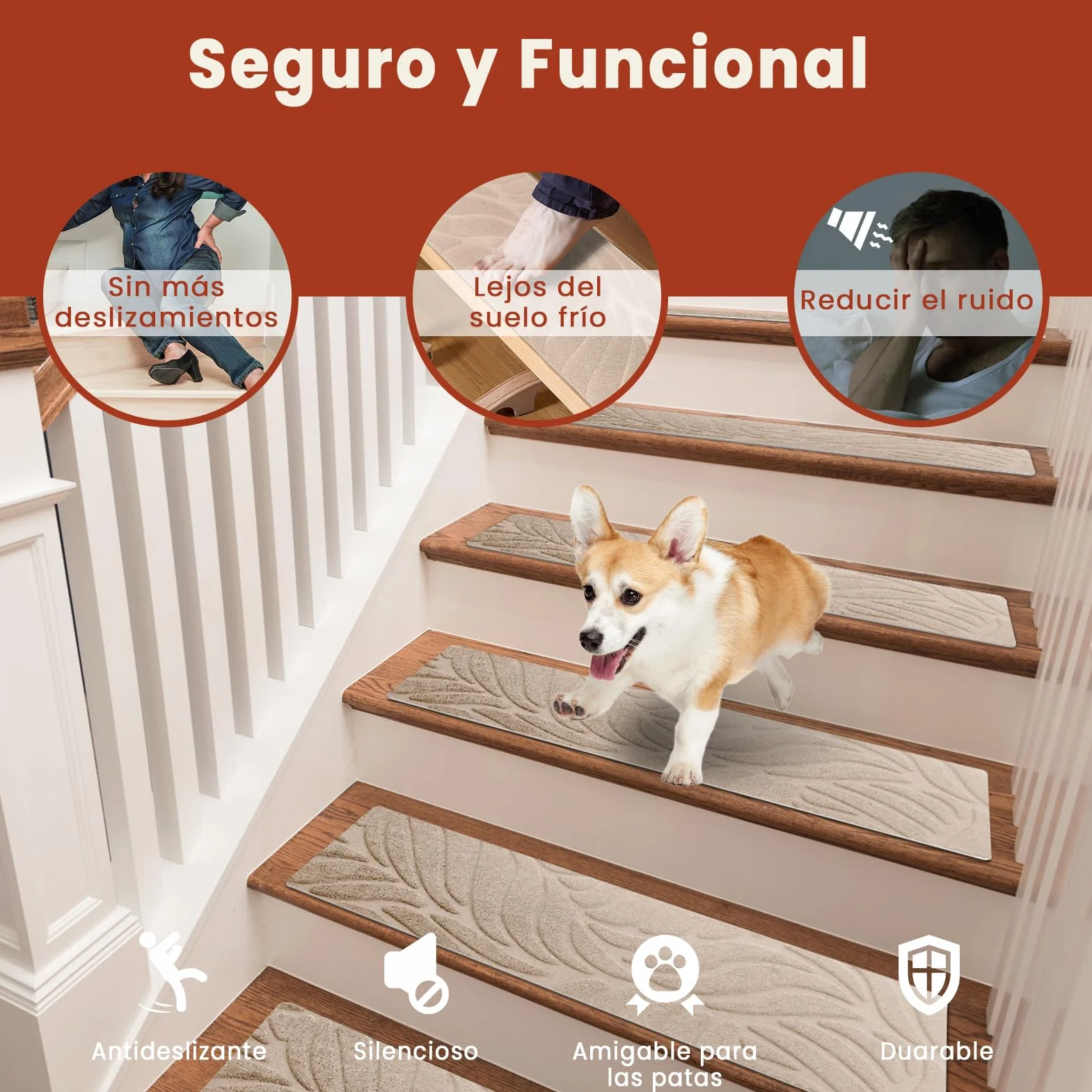 Alfombrillas para Escaleras Antideslizantes, 15 Alfombrillas Autoadhesivas Escalones Interiores, Recortables y Reutilizables - Protección para Mascotas, Mayores, Niños (Beige, 55x19 cm)