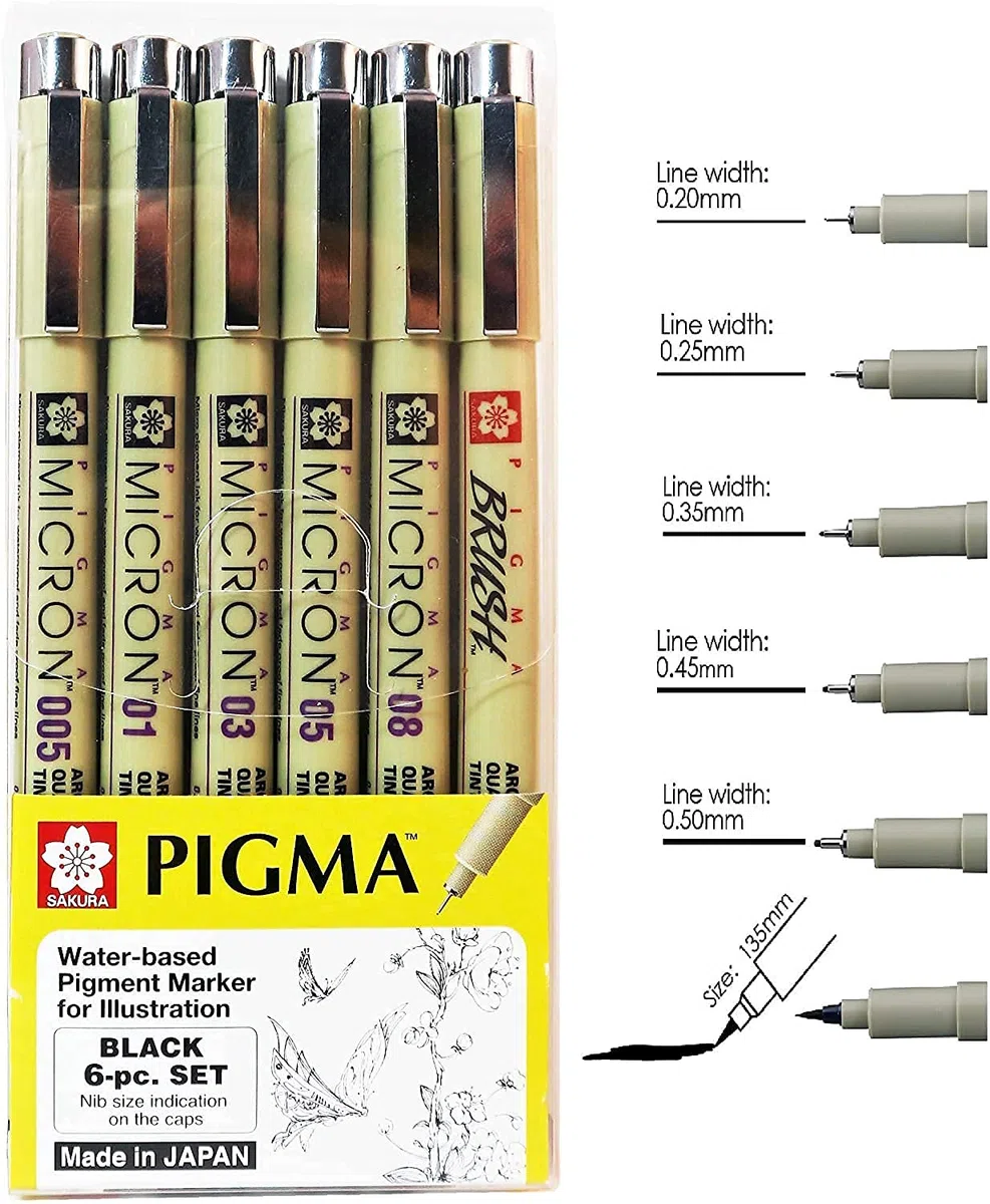 Sakura Pigma Micron - Juego de bolígrafos de dibujo, tinta negra, color negro Asst 6 pen