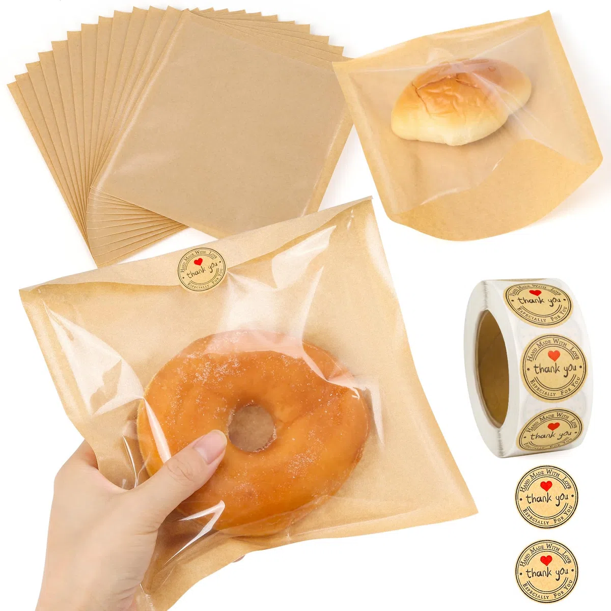 Paquete de 150 bolsas de panadería con ventana, 7.5 x 7.1 pulgadas, bolsas de papel Sublaga para sándwich, bolsas de dona para llevar, bolsas de papel de panadería para dulces, aperitivos, embalaje de