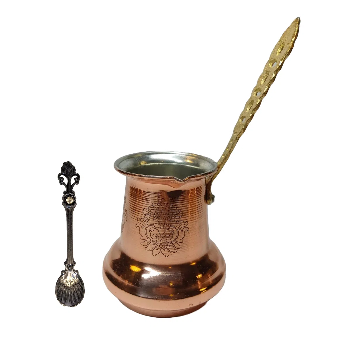 LEO Design Cafetera turca de 5 tamaños, cafetera griega árabe, estufa de café de 3 mm de grosor, martillada maciza, hecha a mano, de cobre, grabado Cezve Ibrik Briki con mango de madera/latón (mango