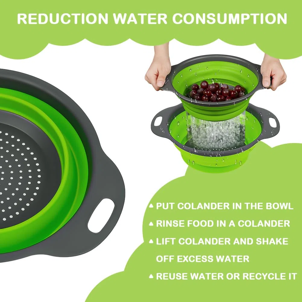 AUAUY 2 Piezas Colador de Cocina, Colador Plegable Redondo de Silicona con Asas, Coladores de Alimentos Ecológico con Orificio Grande para Escurrir Pasta, Verduras, Frutas(1 Grande y 1 Pequeño)