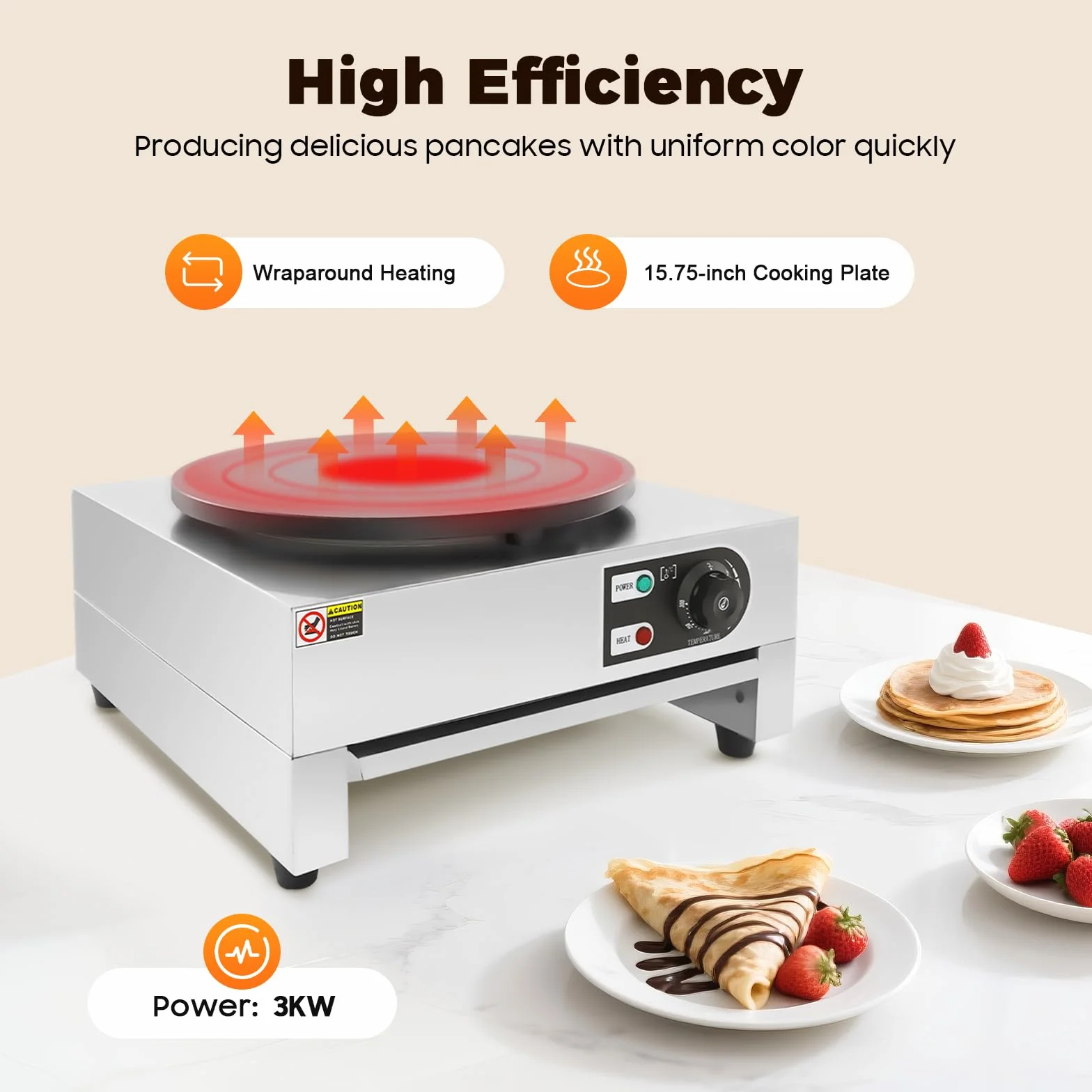 Crepa eléctrica 3 KW Crepiere sartén antiadherente 40cm temperatura ajustable con espátula de madera 48,5 x 45 x 24cm – para el hogar restaurante comida camión