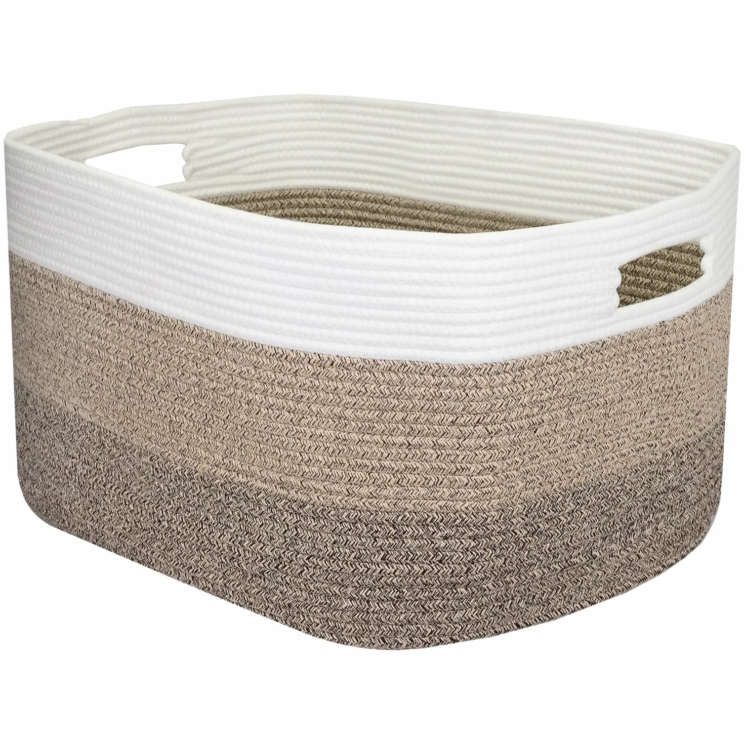 HMF XXL Cesto para la ropa de algodón, cesta de almacenamiento rectangular con asas | 55 x 43 x 30 cm | Blanco-Marrón