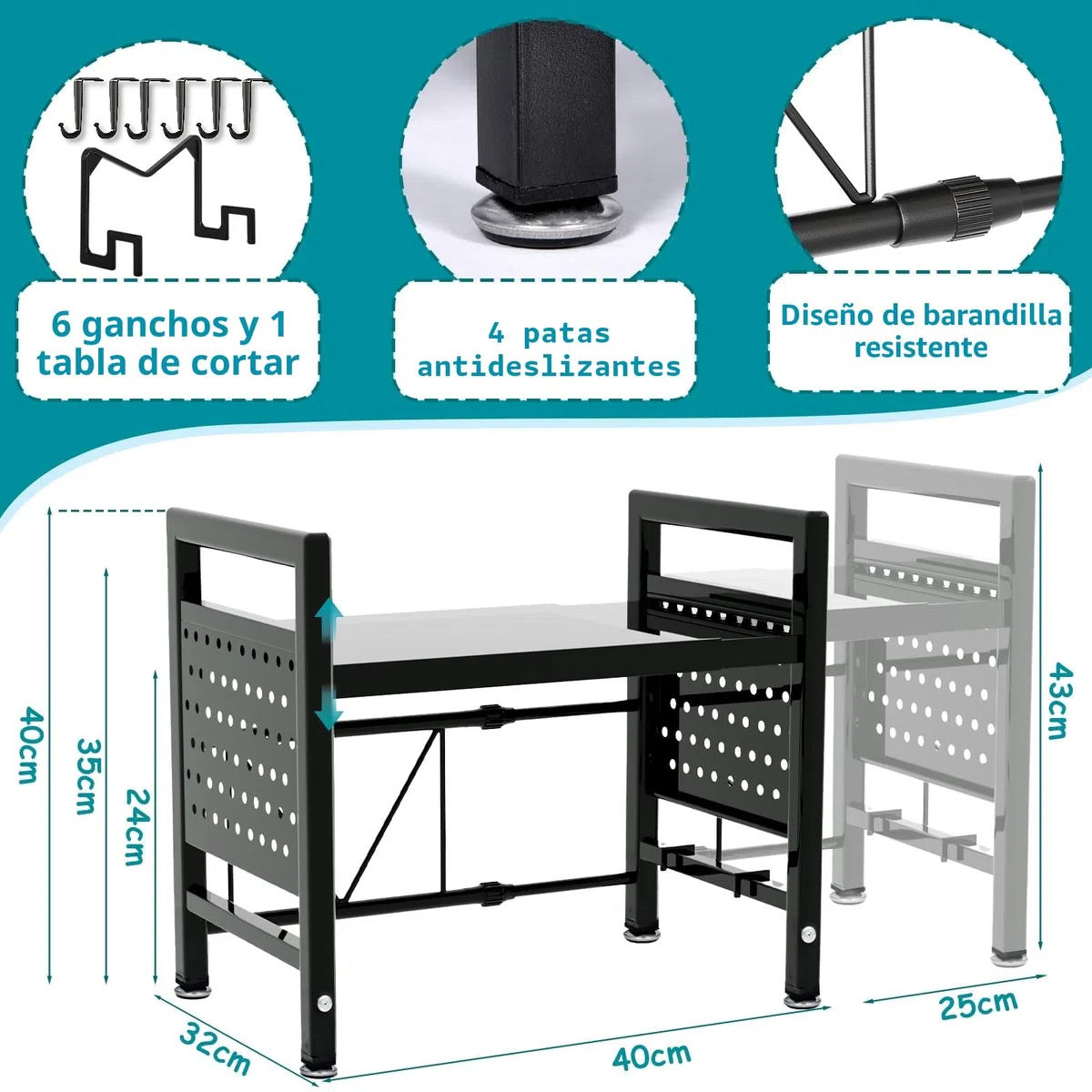 Soporte Extensible para Microondas de 2 Niveles, Soporte Microondas Extensible 40-65cm, Estante Microondas, Mueble para Microondas con Soporte para Tabla de Cortar, 6 Ganchos (Negro)