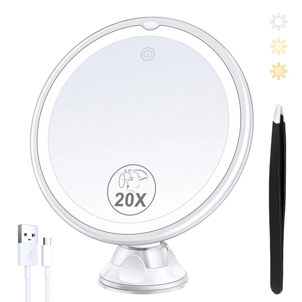 MIYADIVA Espejo de Aumento Recargable Mejorado 2025 con luz, Espejo de Maquillaje Iluminado 20X, Espejo de Maquillaje de Aumento de 3 Colores con 34 Luces LED, Espejo de tocador de rotación de 360°