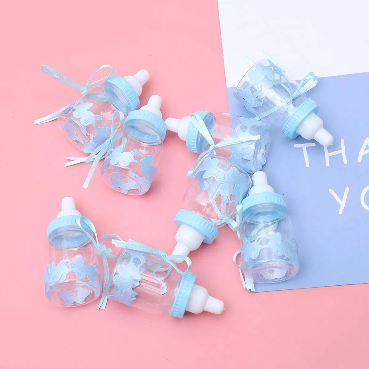 Botella de Caramelo, Adorable Botella de bebé con Lazo Decorativo, Mini Botellas rellenables de plástico Transparente, Pack de 30 Unidades, Ideal para Baby Showers y Fiestas de cumpleaños