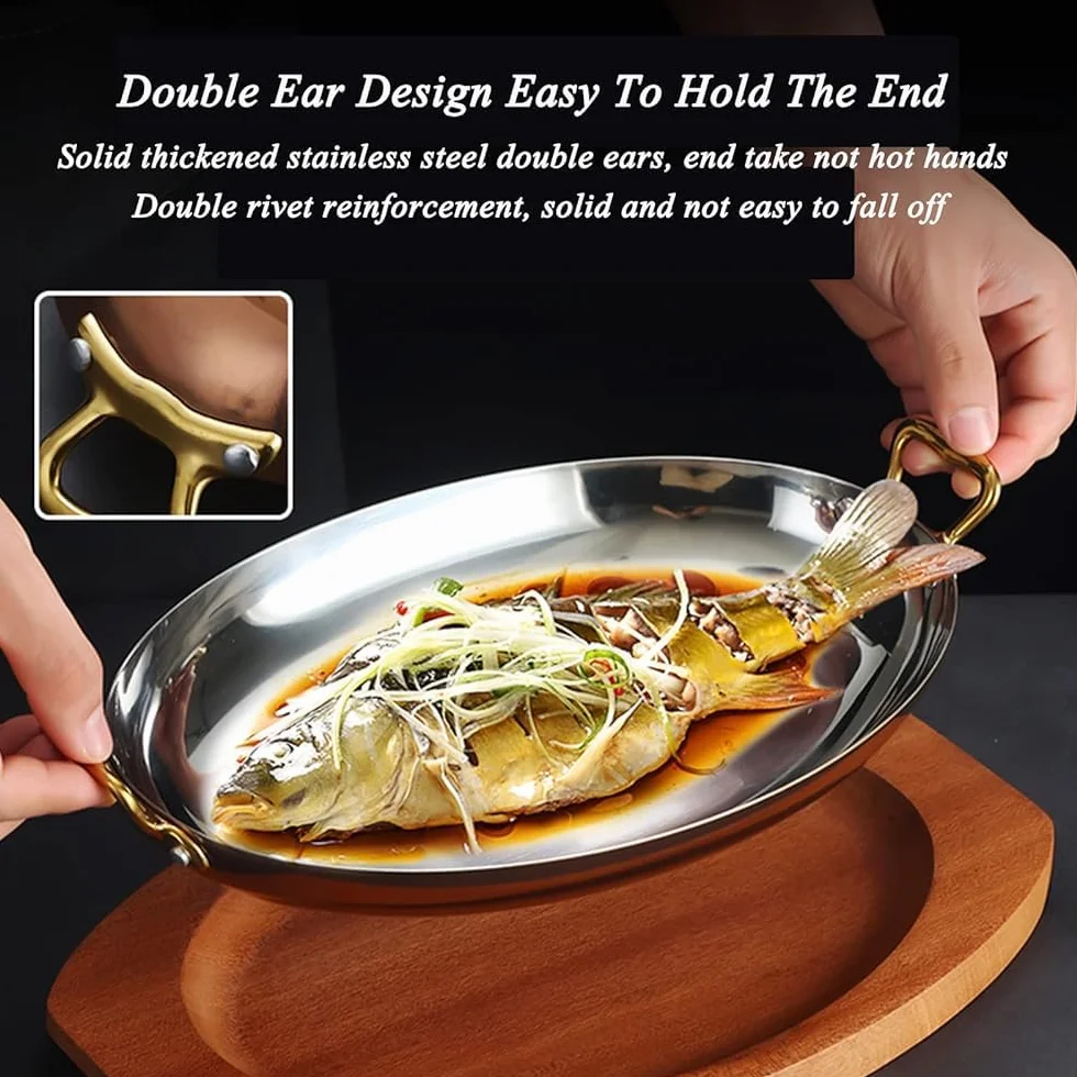 Plato ovalado de acero inoxidable con asas dobles para mariscos, carnes, postres, elegante bandeja para aperitivos, esencial para la cocina, acabado plateado, 25 cm
