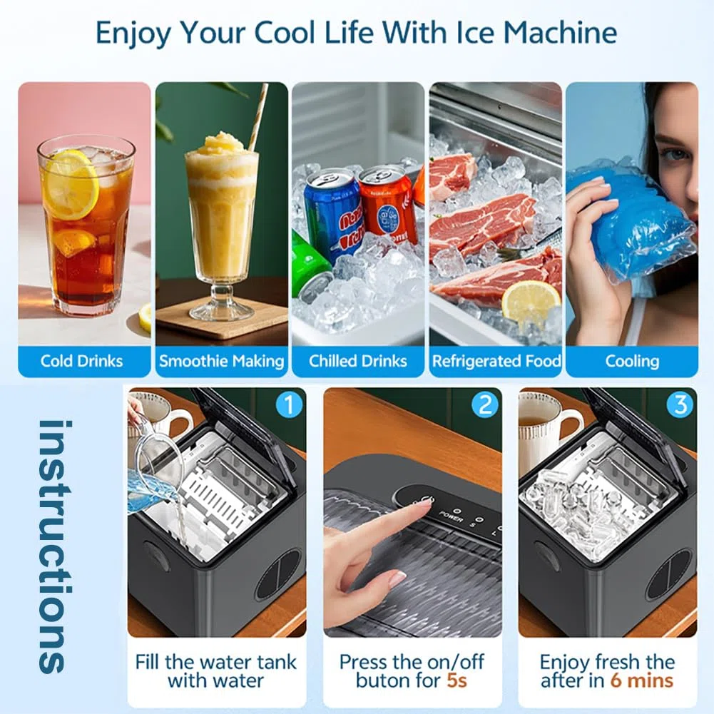 Fabricante de hielo de nugget de encimera, máquina de hielo compacta de 9 pcs/6 minutos, cubo de hielo de 2 tamaño, auto limpieza, para bar de casa, encimera de cocina, vehículos recreativos black