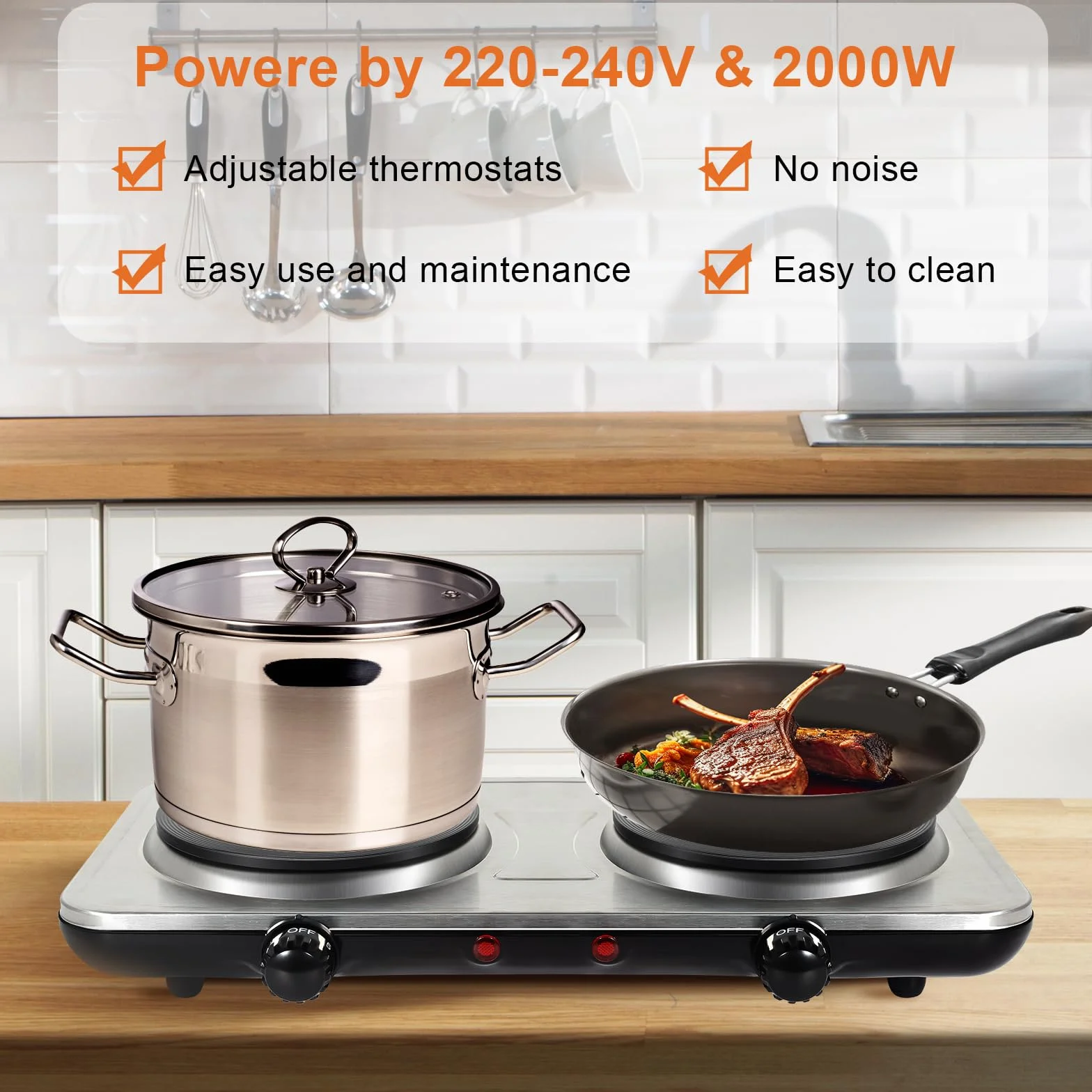 Cocina Eléctrica Portátil, Uten Hornillo Eléctrica Portátil 2 Fuegos, Temperatura Ajustable, Fácil de Limpiar, Ideal para Uso en la Cocina y Camping, 2000 W