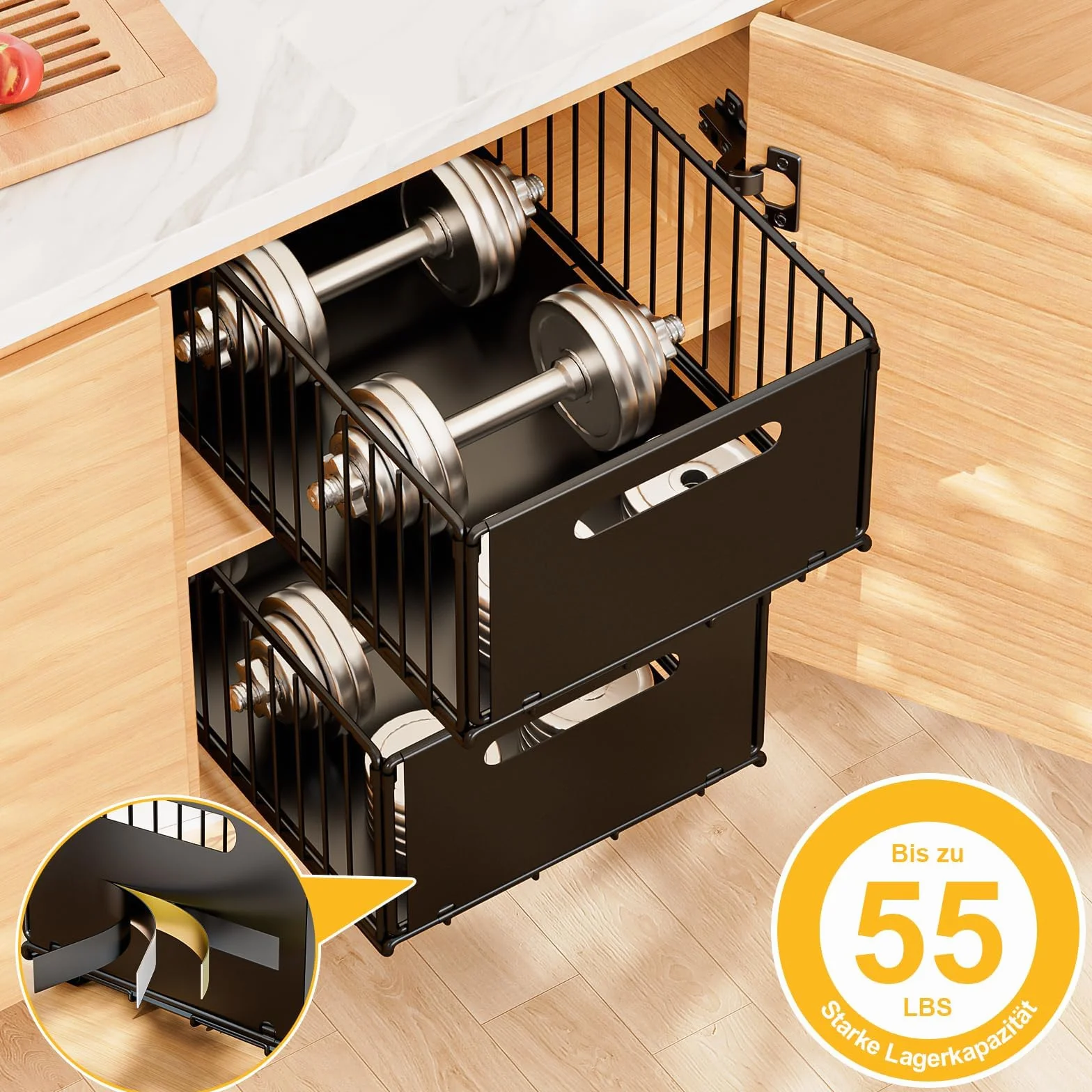 2 Piezas Cajón Telescópico Cajón de Cocina Extensible Desplegable Organizador De Gabinete Extraíble Fijo con Nano Película Adhesiva Cesta Deslizante para Cocina Sin Taladrar ni Clavar, L25*A38*H19 cm