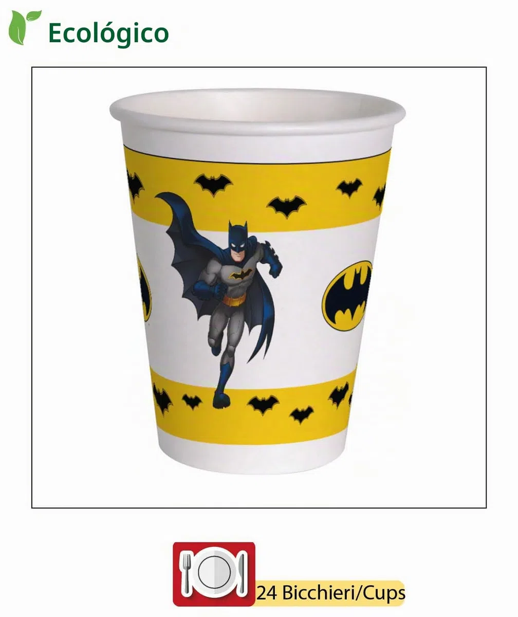 Ciao - Kit Vajilla de Fiesta Batman para 24 personas (112 pcs: 24 platos Ø23cm, 24 platos Ø18cm, 24 vasos 250ml, 40 servilletas 33x33cm) de papel compostable eco-friendly