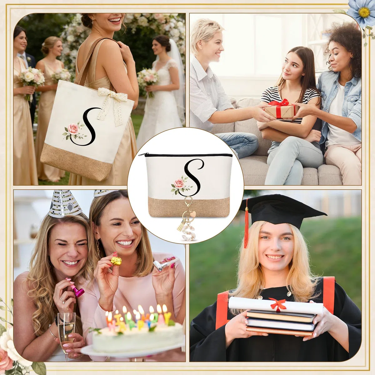 Hestya Regalos con Letras para Mujer Bolso Tote con Inicial Bolsa de Maquillaje Taza de Café Llavero Cinta de Encaje Tarjeta Regalos de Cumpleaños para Ella Esposa Mamá Amiga Damas de Honor