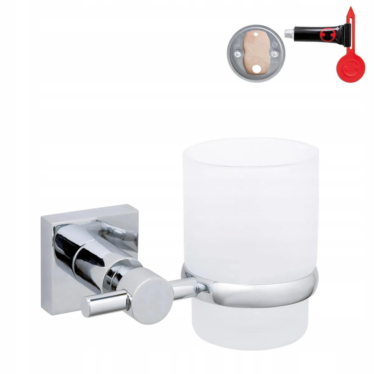 tesa HUKK Vaso para cepillos de dientes con soporte, vaso de cristal satinado, soporte de pared cromado, para montaje en pared sin taladrar, incluye solución adhesiva, 125 mm x 95 mm x 90 mm
