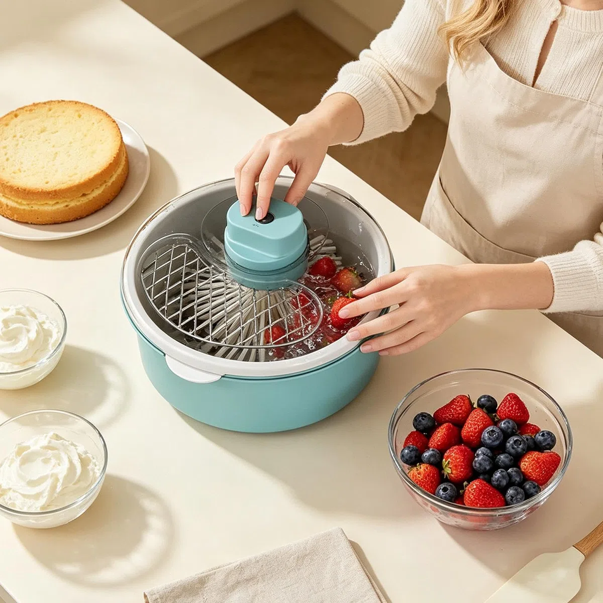 Generisch Spinner Automático Y Portátil Bayas Tazón | Limpiador de frutas para ensaladas, bayas, fresas, cerezas, uvas, hogar, camping, picnic