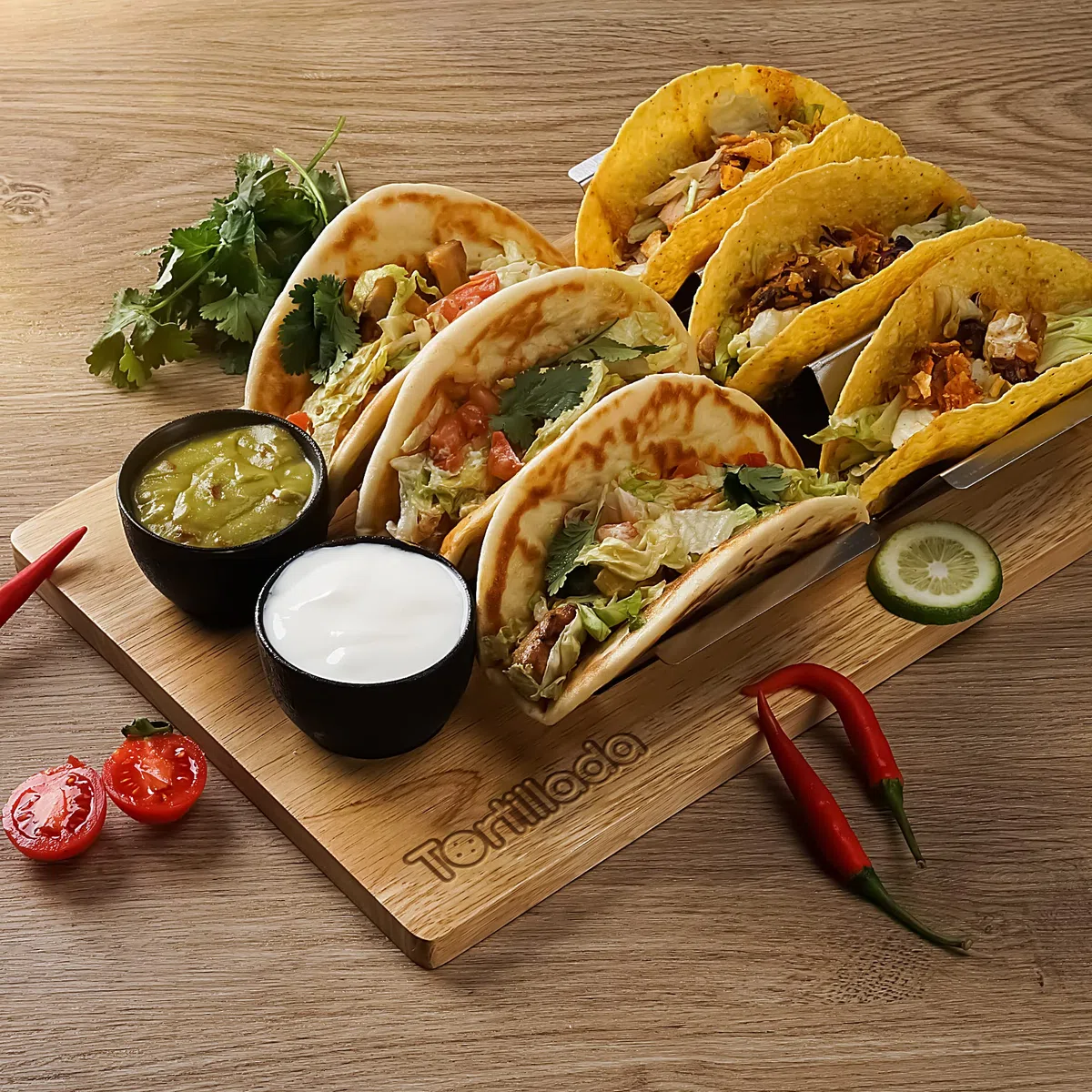 Tortillada - Juego de soporte para tacos/Hotdog hecho de acero inoxidable para hasta 6 tacos - incl. bandeja de servicio hecha de madera, tazones de inmersión de cerámica y libro de recetas