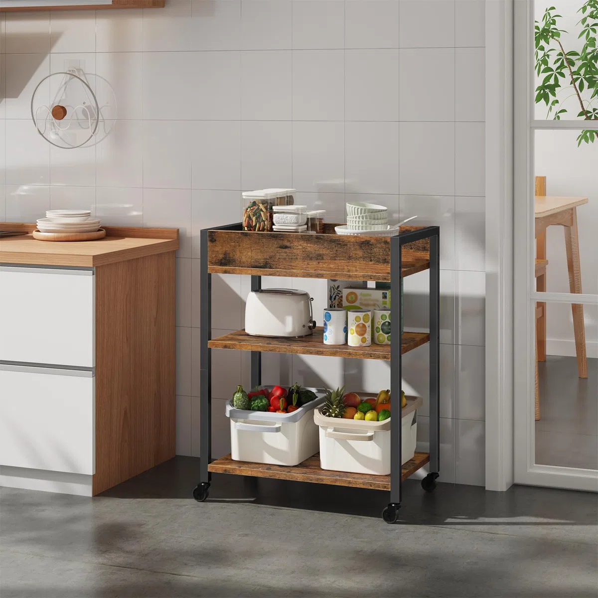 HOOBRO Carro de Servicio de 3 Niveles, Carrito con Barandilla, Carro de Cocina, Estantería de Comedor y Bar, 64 x 40 x 85 cm, para Restaurante, Salón, Bar, Marrón Rústico y Negro EBF64TC01