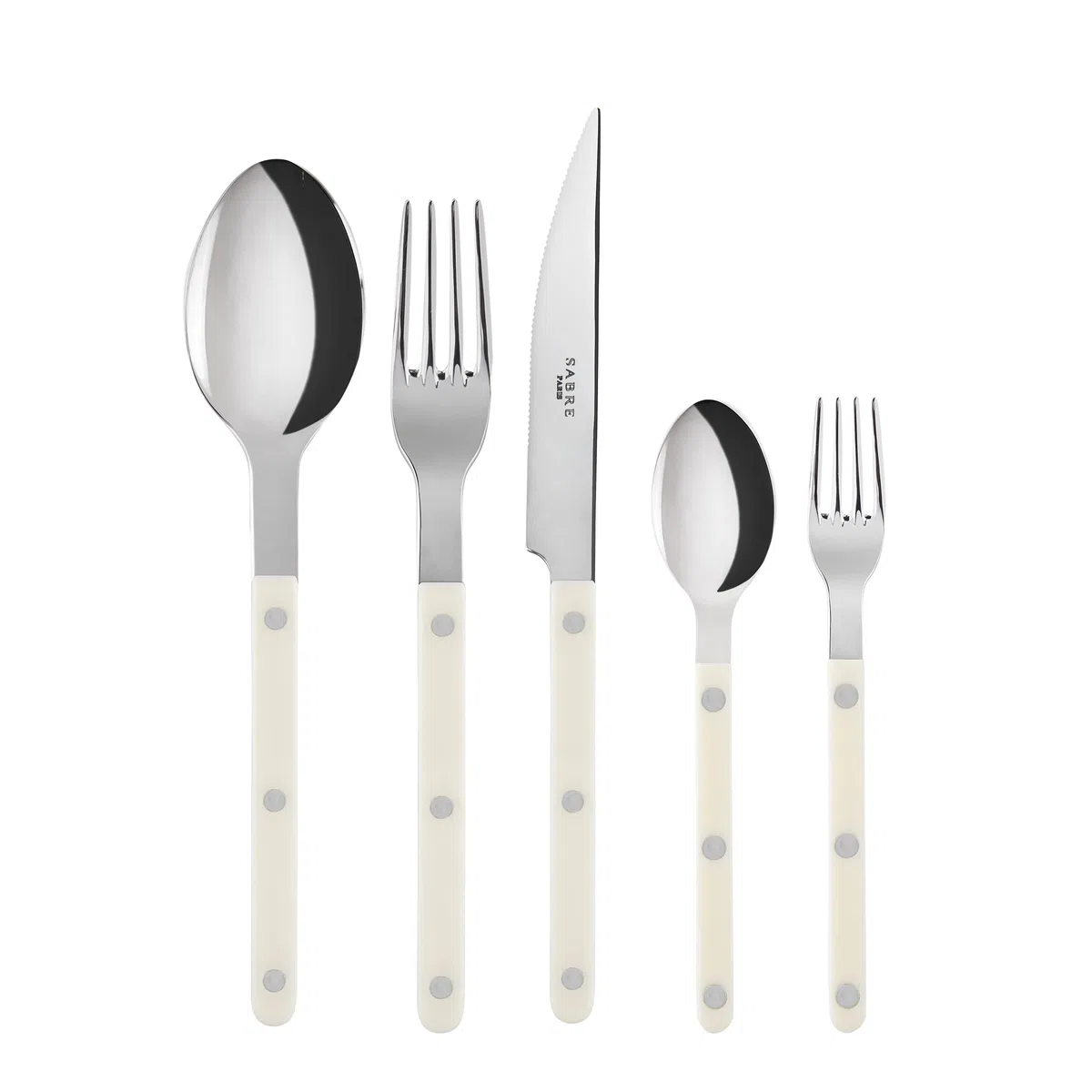 SABRE PARIS - Cubertería de 5 piezas - Bistrot - Cuchillo, tenedor, cuchara, cucharadita y tenedor para tartas - Acero inoxidable y nailon - Apto para lavavajillas - Color marfil