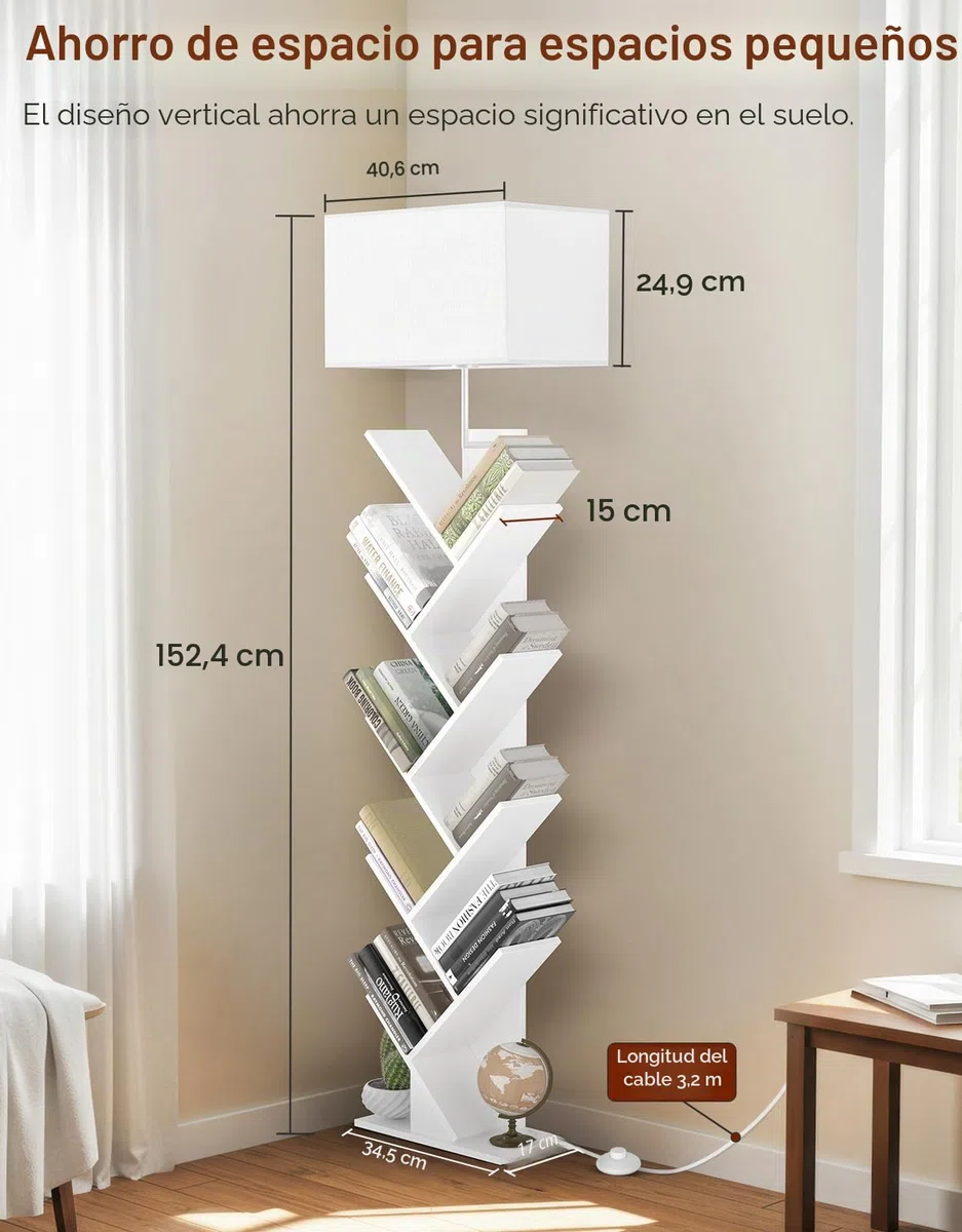 Estantería En Árbol con Luz, Estante De Esquina De 9 Niveles, con Mando A Distancia Y Temporizador, Mueble Estrecho De Madera para Libros, CDs, DVDs, Salón, Dormitorio, Oficina(Blanco)