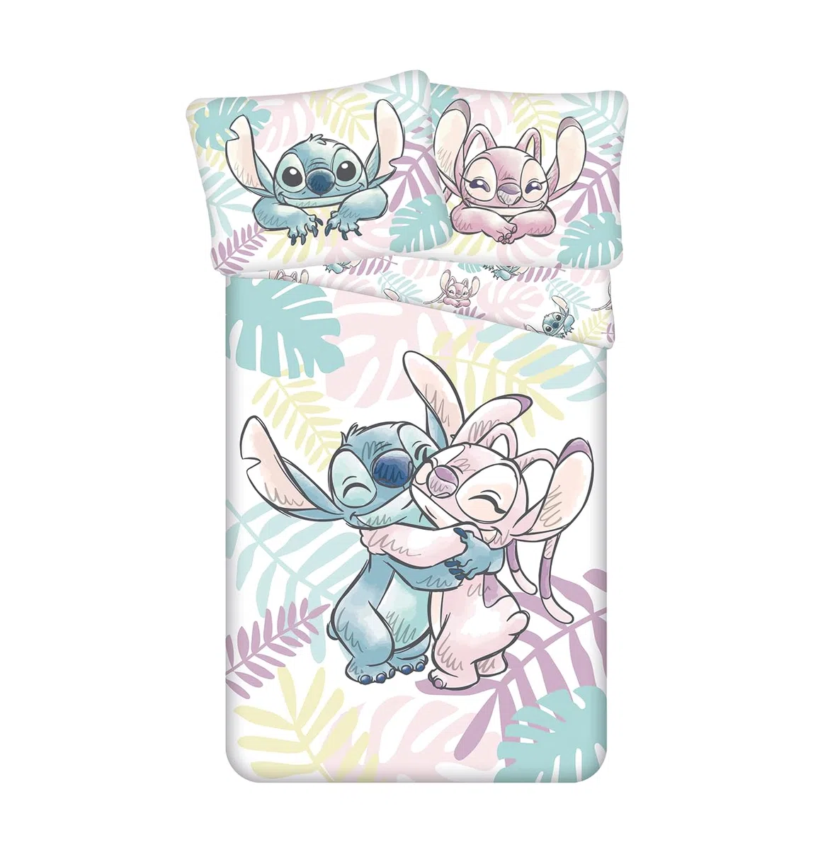Stitch y Angel Hojas Funda Nórdica Cama 90 140x200 + Funda Almohada 70x90 | Ropa de cama reversible | Algodón natural transpirable Oeko-Tex | Disney Lilo & Stitch | Adolescente | Regalo | Idea regalo