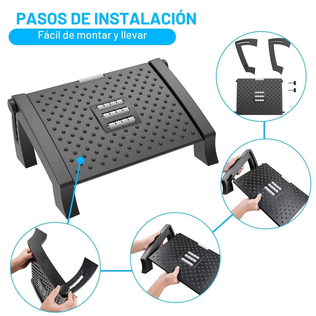 Reposapies de Oficina, Reposapiés Ergonómico para Escritorio con Función de Masaje, 6 Reposapiés de Altura Ajustable Antideslizantes para Oficina
