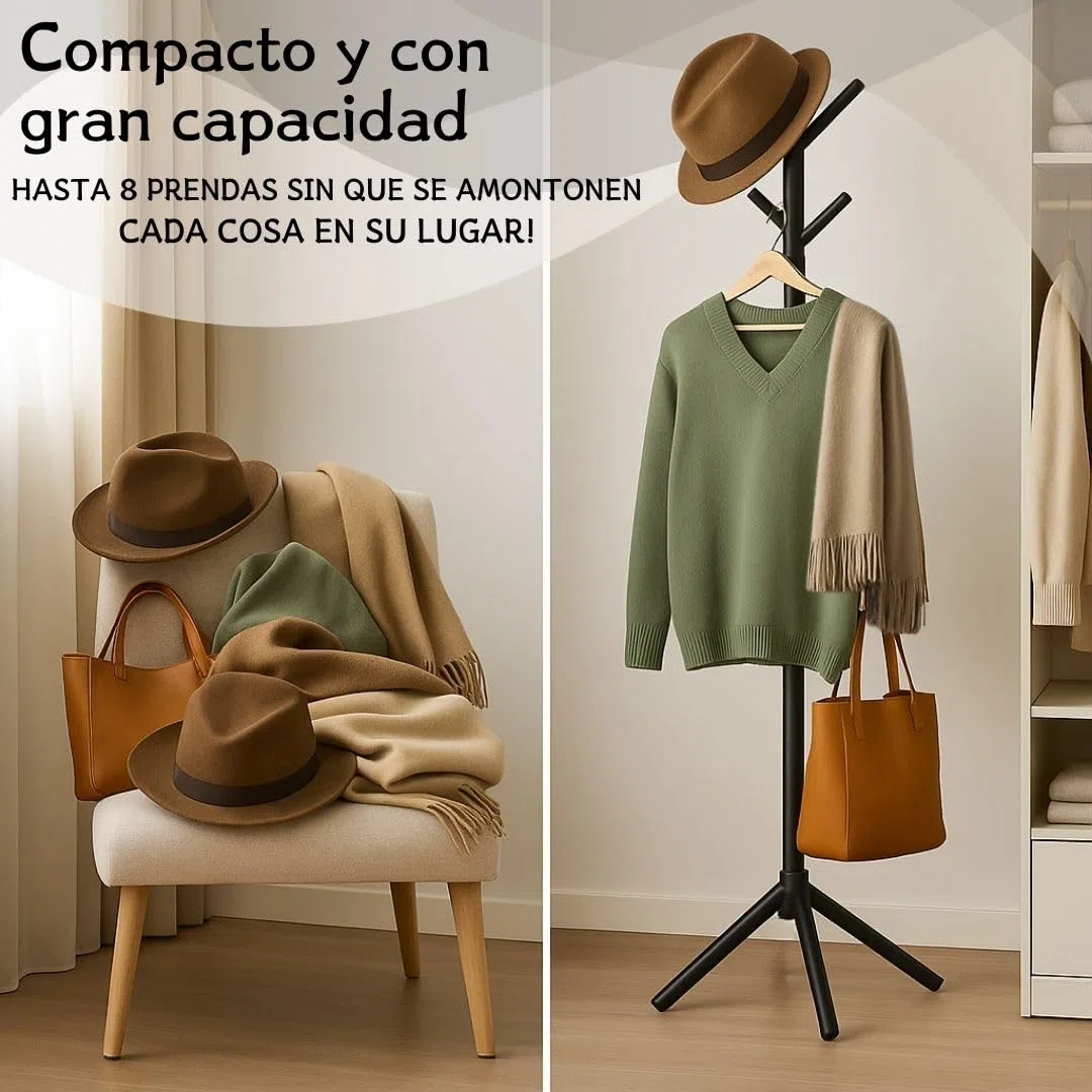 Perchero de Pie de Madera Forrada | Estilo Árbol, Altura Ajustable, 8 Ganchos, Base Estable, Ideal para Entrada, Dormitorio u Oficina, Montaje sin Herramientas (Negro)