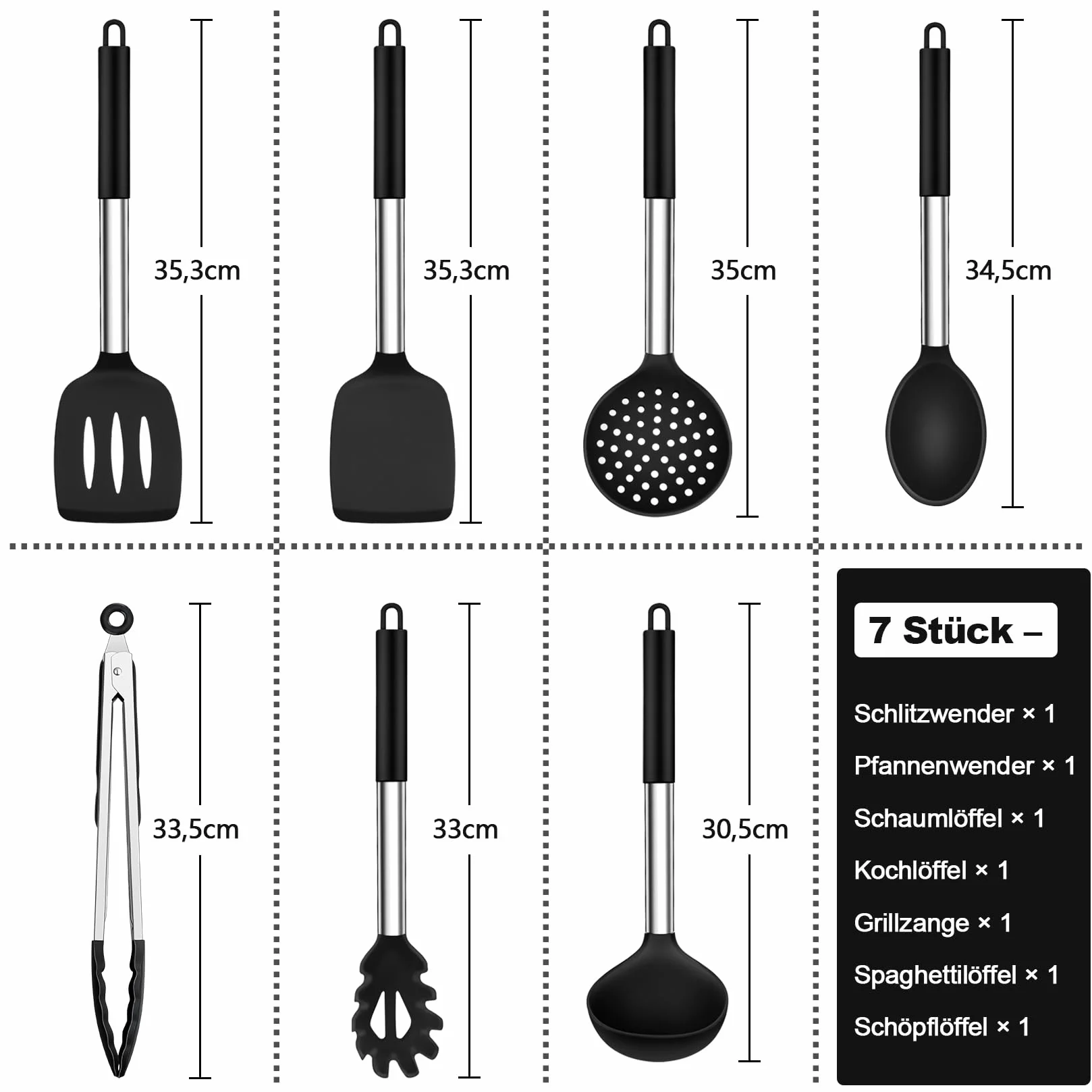 Onader Juego de utensilios de cocina, 7 unidades, de silicona, con mango de acero inoxidable, antiadherente, seguro para utensilios de cocina, resistentes al calor y aptos para lavavajillas, color