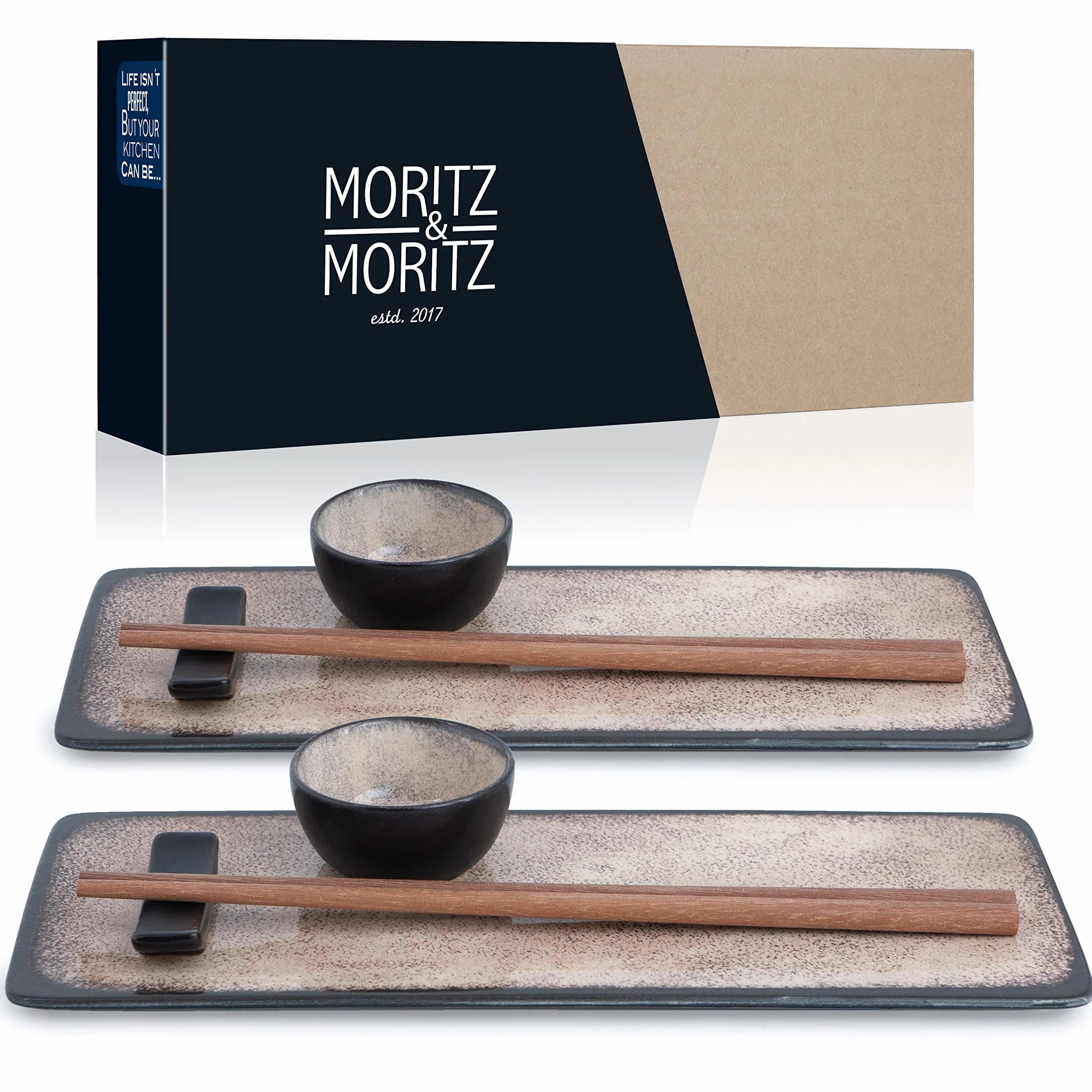 Moritz & Moritz Vajilla Sushi - Platos Sushi Ceramica - Plates Set 10 Piezas para 2 Personas - Plato Sushi con Palillos Soporte de Palillos Cuencos para Wasabi